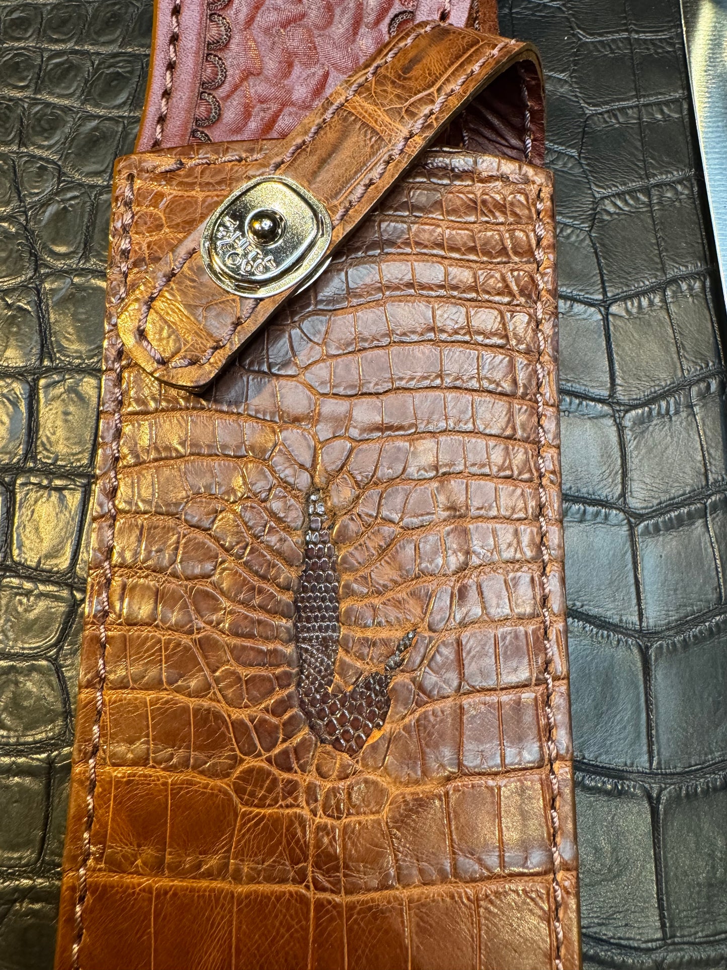 Randall Model Smithsonian “Smitty”Sheath in Exotic Brown Crocodile (Anus) skin from Treeman. Sheath only