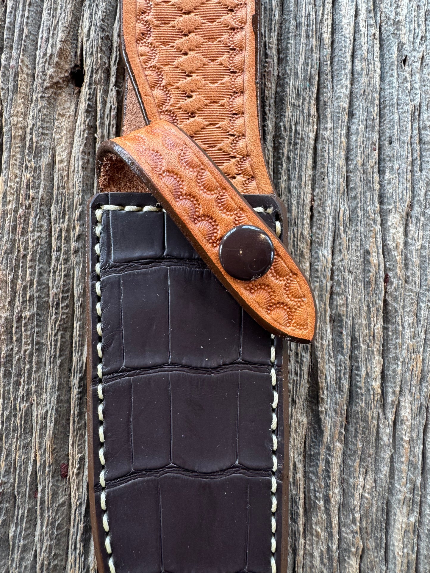 New Randall Model Combat Companion Sheath in Exotic Brown Natural Croc with full leather hand tooled belt loop. Custom Made at Sullivan’s by Gutcher.