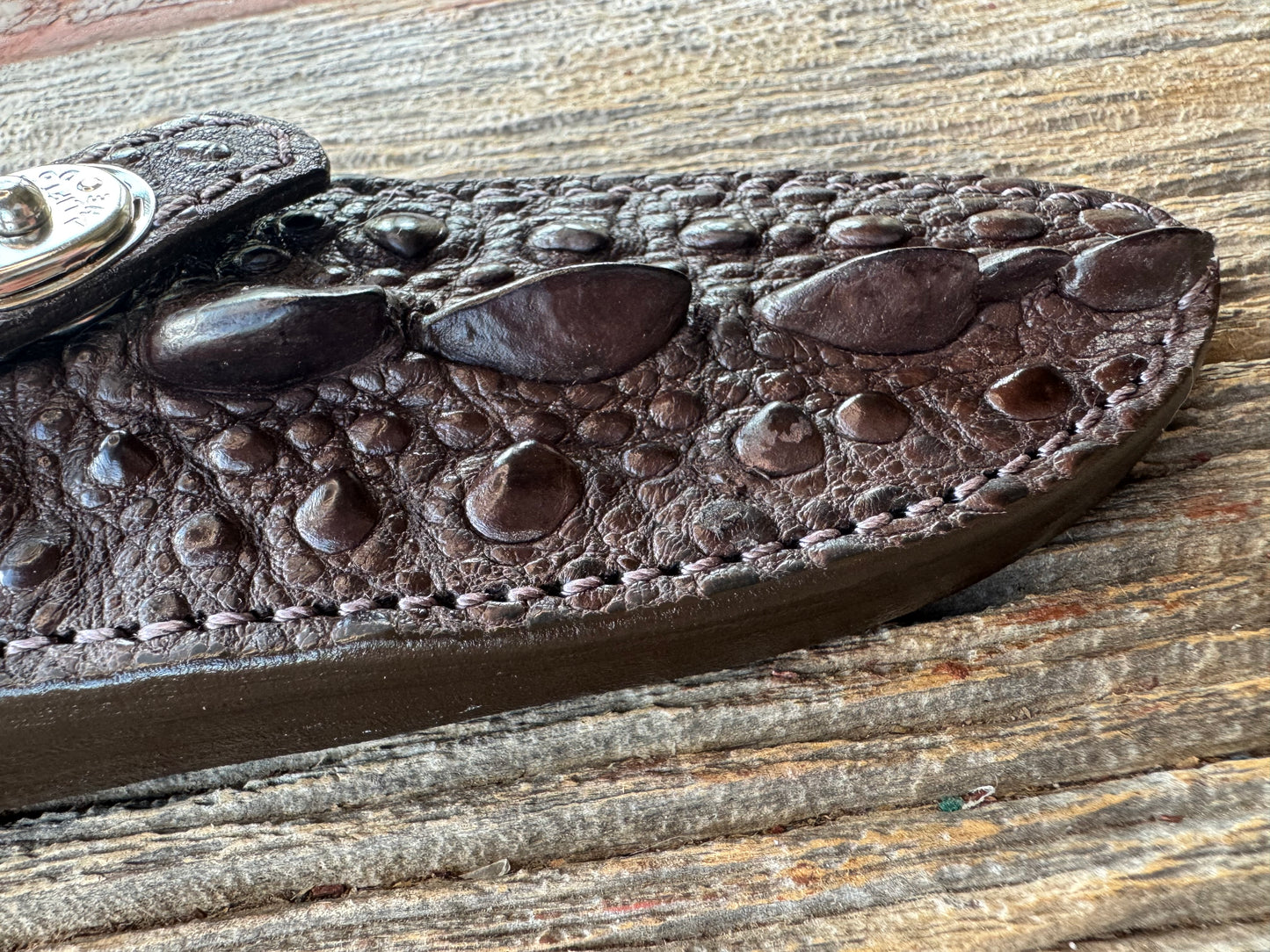 Randall Model 11-5 Sheath in Exotic Dark Brown Snapping Turtle by Treeman. Spiked Dragon tail portion of the turtle.