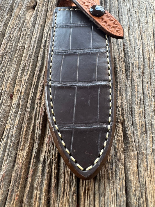 New Randall Model Combat Companion Sheath in Exotic Brown Natural Croc with full leather hand tooled belt loop. Custom Made at Sullivan’s by Gutcher.