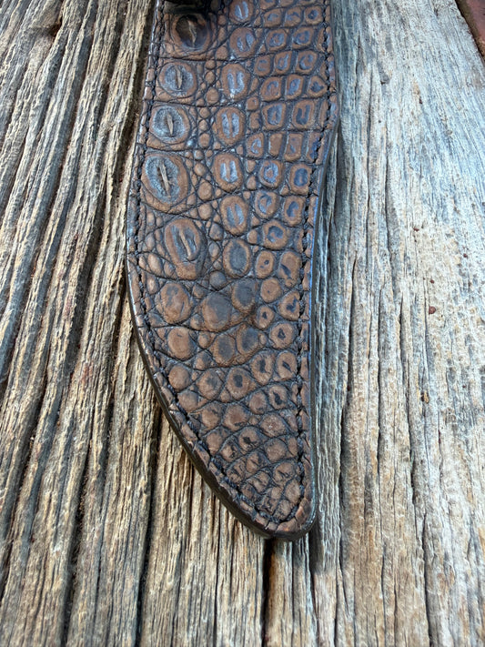 New Randall Model 12-8 Big Bear Sheath in Exotic Dark Brown Sueded Crocodile from Treeman with the newest Black Canteen snap.