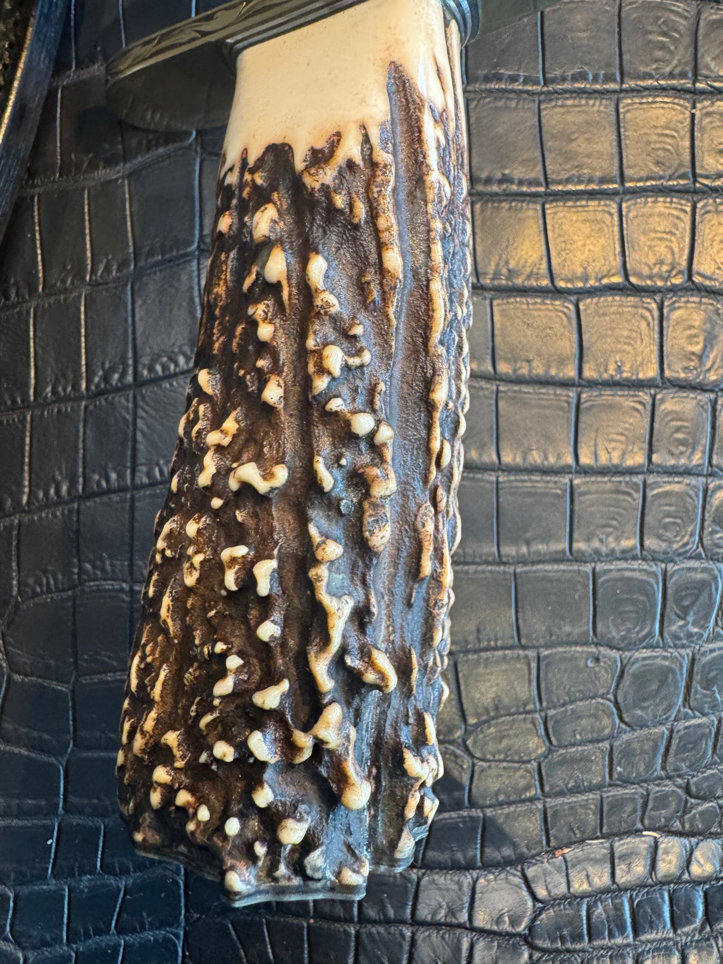 Randall Model 12-11 Dealer Special Large Sasquatch in a Huge piece of Popcorn Stag. Gold and Silver Engraved, Nickel Silver Hilt and Butt plate.