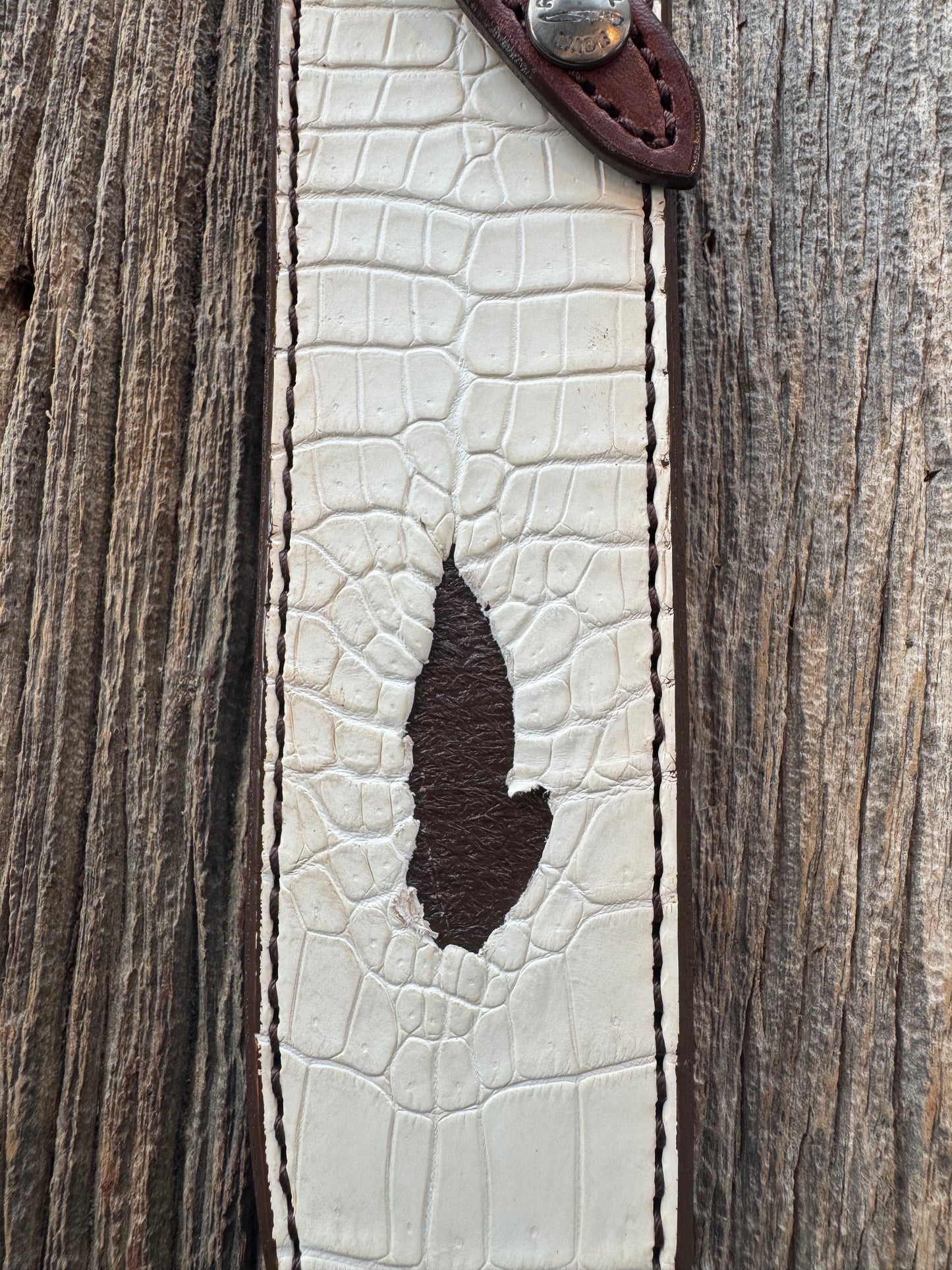New Randall Model 1-8 or 2-8 Sheath in Exotic white Natural Croc with Anus and full leather belt loop. Custom Made at Sullivan’s by Gutcher with Randall stamp on back and snap.
