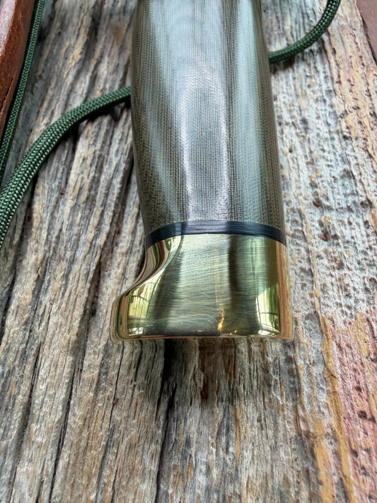 New in Paper Randall Made Knife Model 1-7 Green Micarta handle, Stainless, brass Double Hilt, Brass Crows beak butt cap, lanyard, Sawteeth, single black spacer…loaded!!