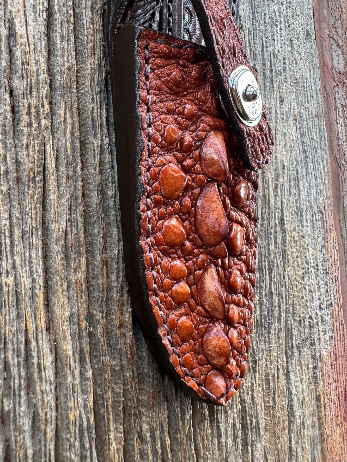 Randall Model 11-5 Sheath in Exotic Light Brown Snapping Turtle by Treeman. Spiked Dragon tail portion of the turtle.