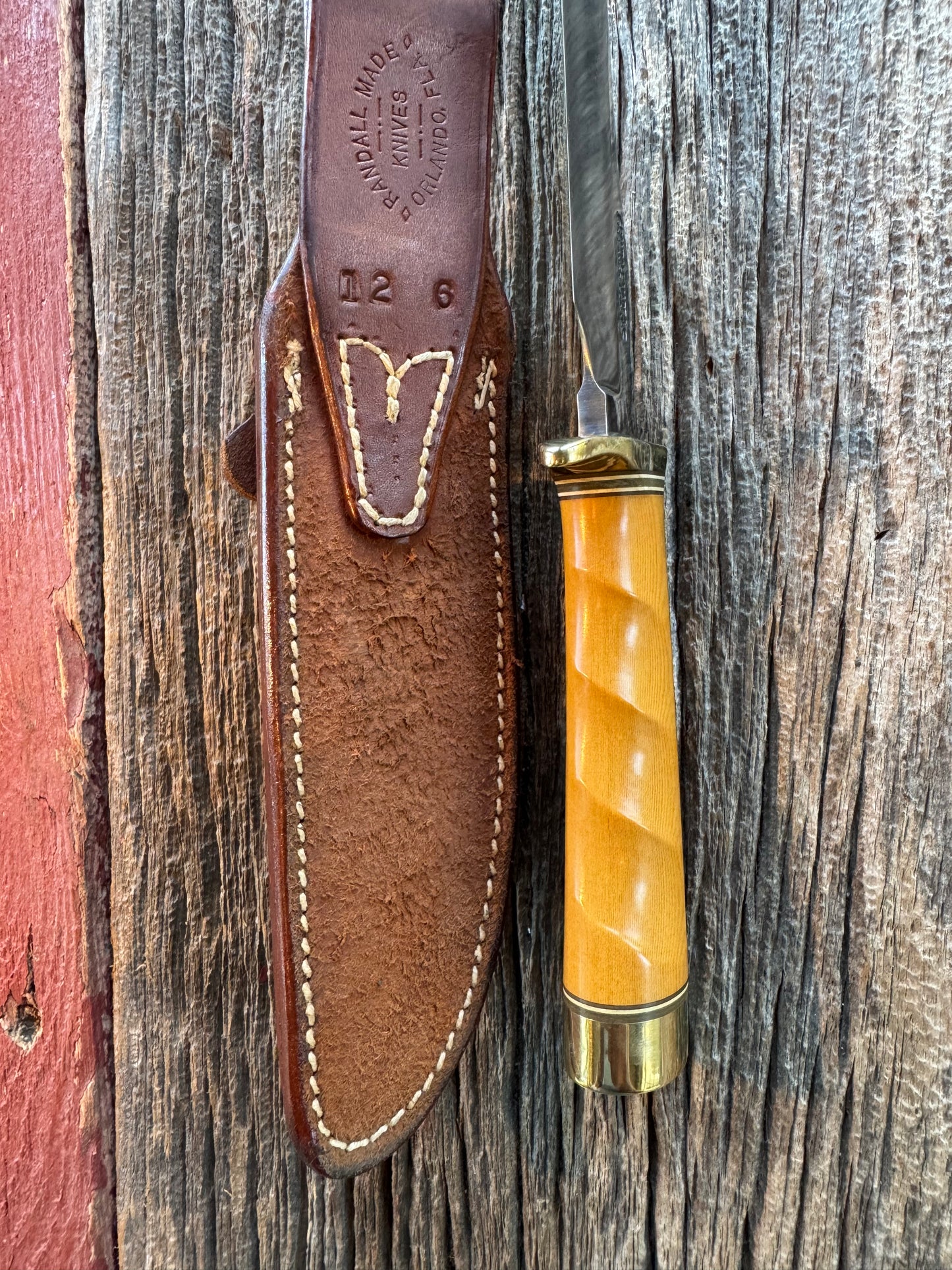 Sheath.Randall Model 12-6 in Yellow Westinghouse Micarta, Brass Hilt, Stainless Steel. Finger Grooves, Johnson Roughback