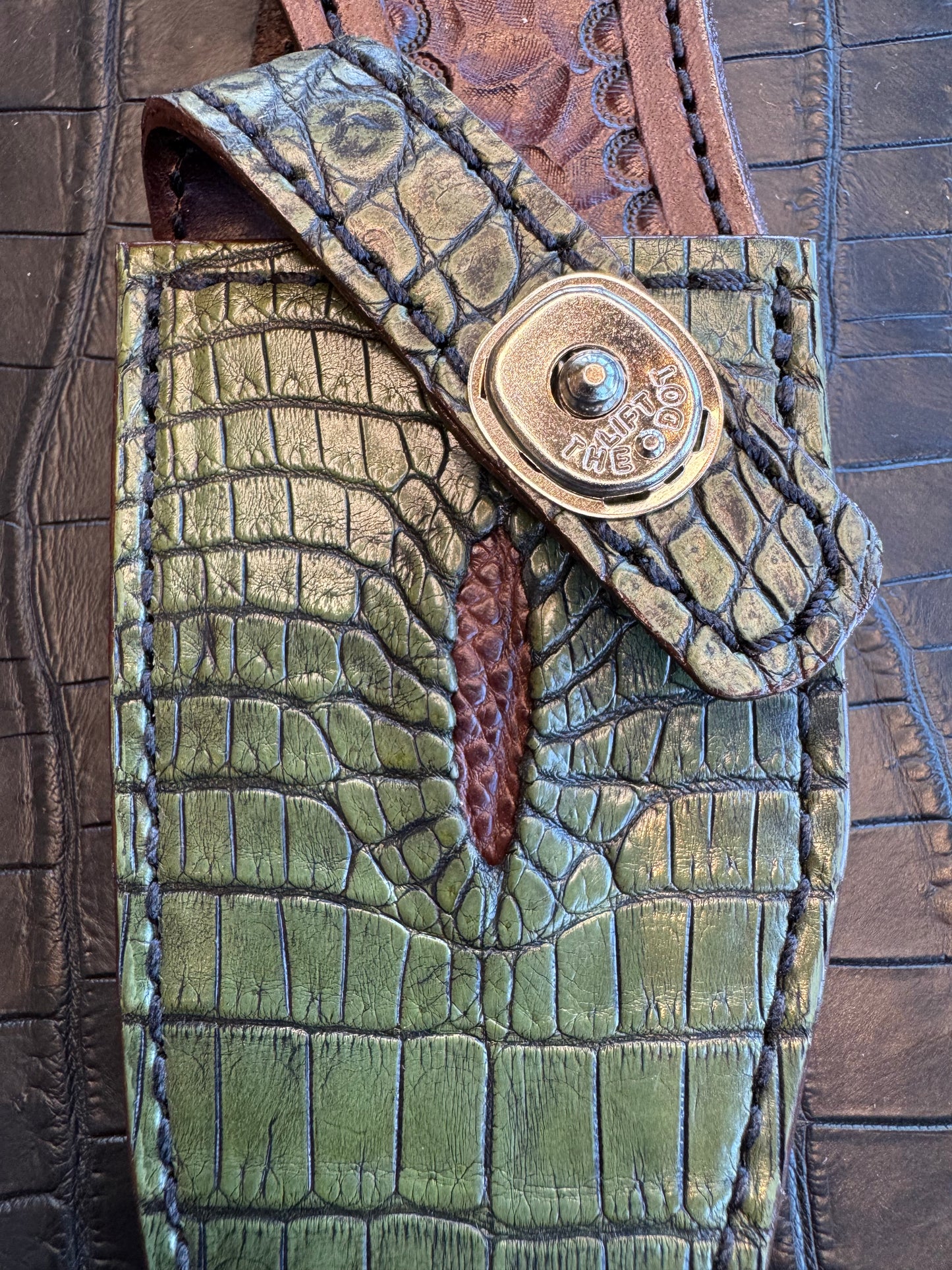 Randall Model 19-5 Exotic Army Green Crocodile Anus Sheath from Treeman.