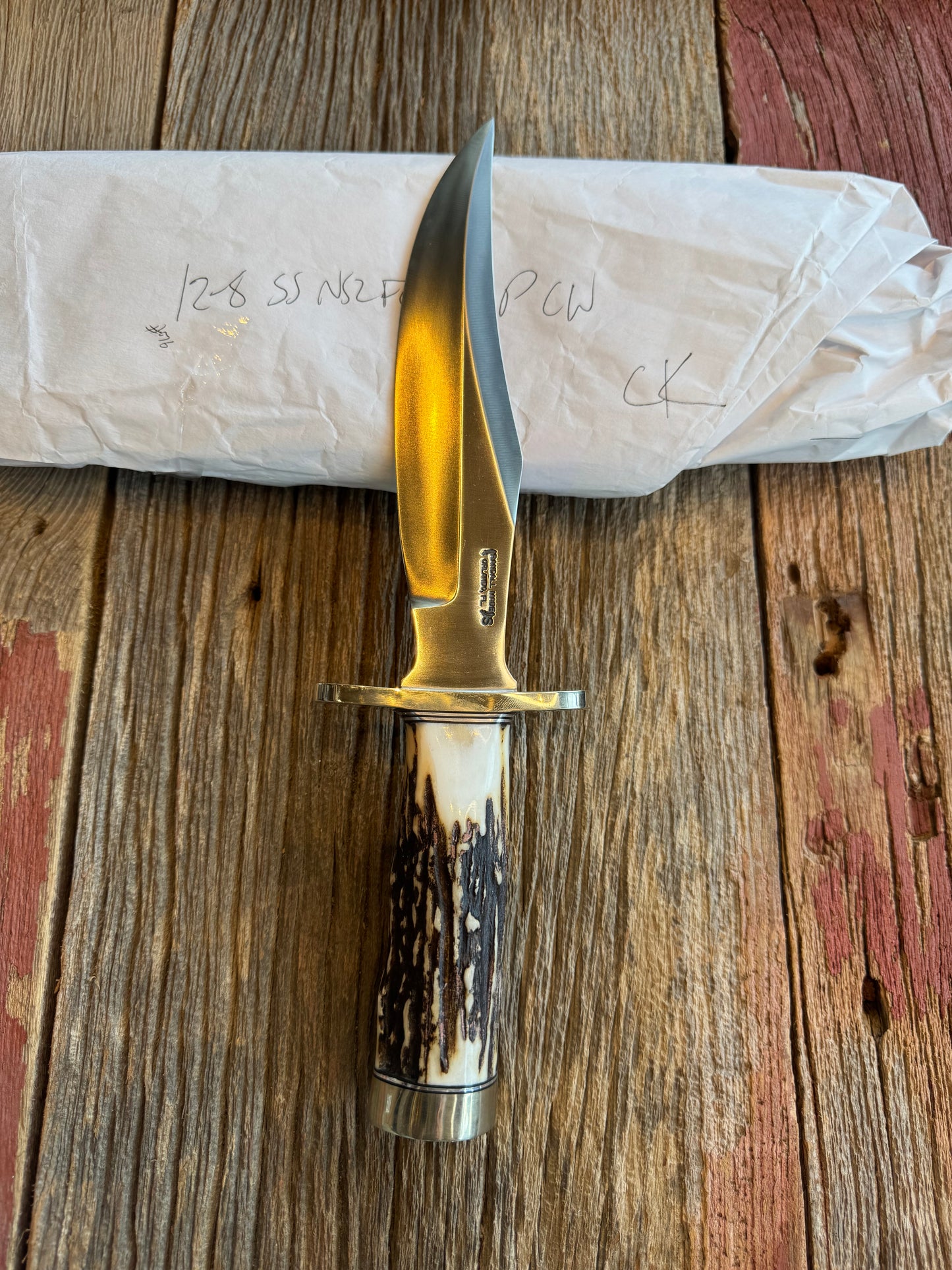 New in paper Randall Knife Model 12-8 “Big Bear” Large piece of Gnarly Popcorn Stag. Nickel silver hilt and butt cap. Stainless steel.
