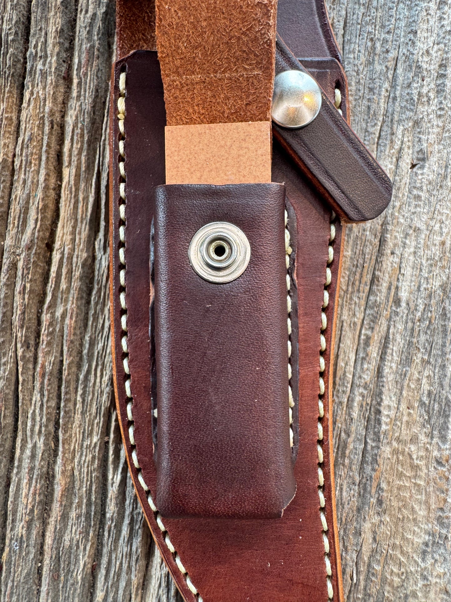 New Randall Sullivans by Gutcher Leather Knife Sheath Model 27 with sharpening stone.