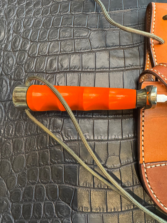 Randall Model Bowles Skinner Dealer Special Knife # 514 in Orange G10. This knife is a one of one. Two tone Leather Custom sheath Made at Sullivan’s by Gutcher.