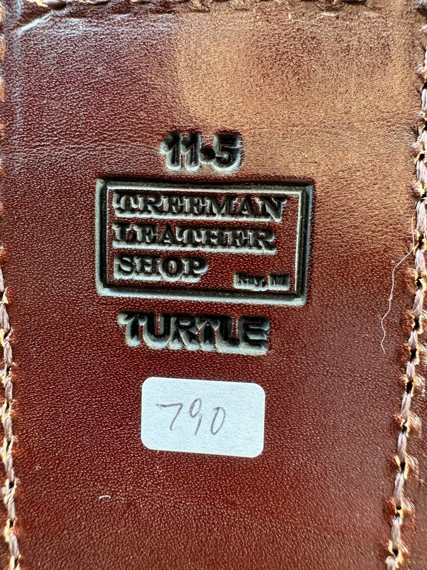 Randall Model 11-5 Sheath in Exotic Dark Brown Snapping Turtle by Treeman. Spiked Dragon tail portion of the turtle.