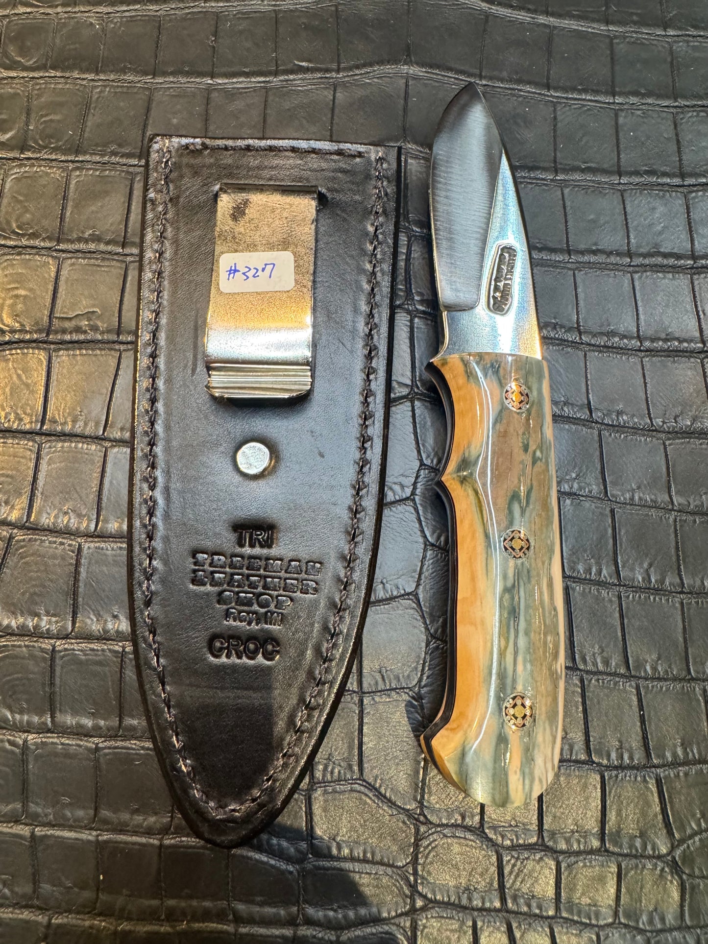 Randall Model Tri Athlete Sheath with Scales Added in Exotic Black Hornback Crocodile by Treeman. (Sheath only)