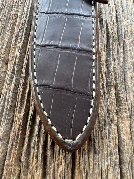 New Randall Model Combat Companion Sheath in Exotic Brown Natural Croc with full leather hand tooled belt loop. Custom Made at Sullivan’s by Gutcher.