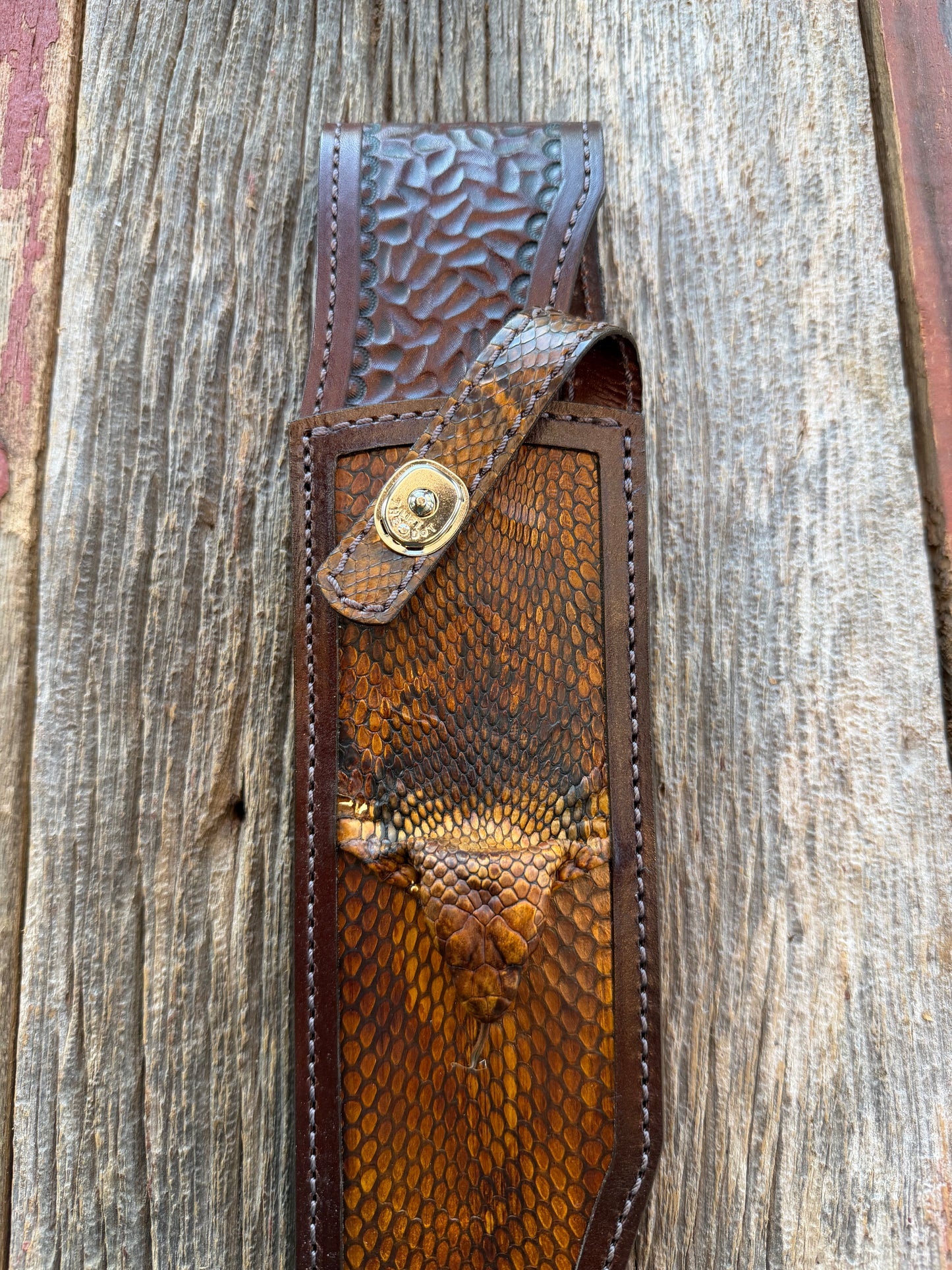 New Randall Model 12-11 Smitty Sheath in Exotic Cobra with actual head by Treeman. Black and Browns … Only have one.