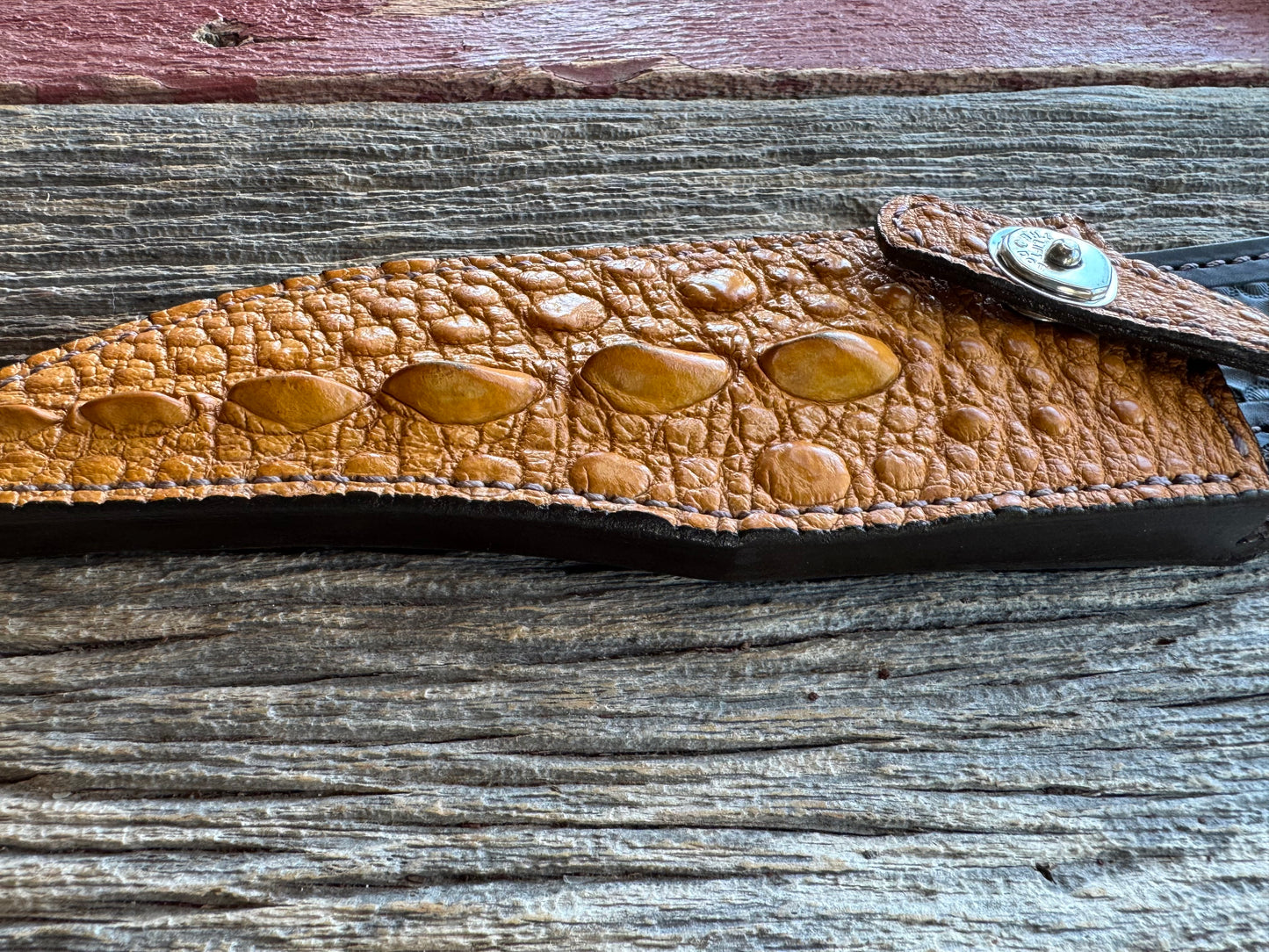 Randall Model 12-8 “Big Bear” Sheath in Exotic Arizona Tan Snapping Turtle by Treeman. Spiked Dragon tail portion of the turtle.