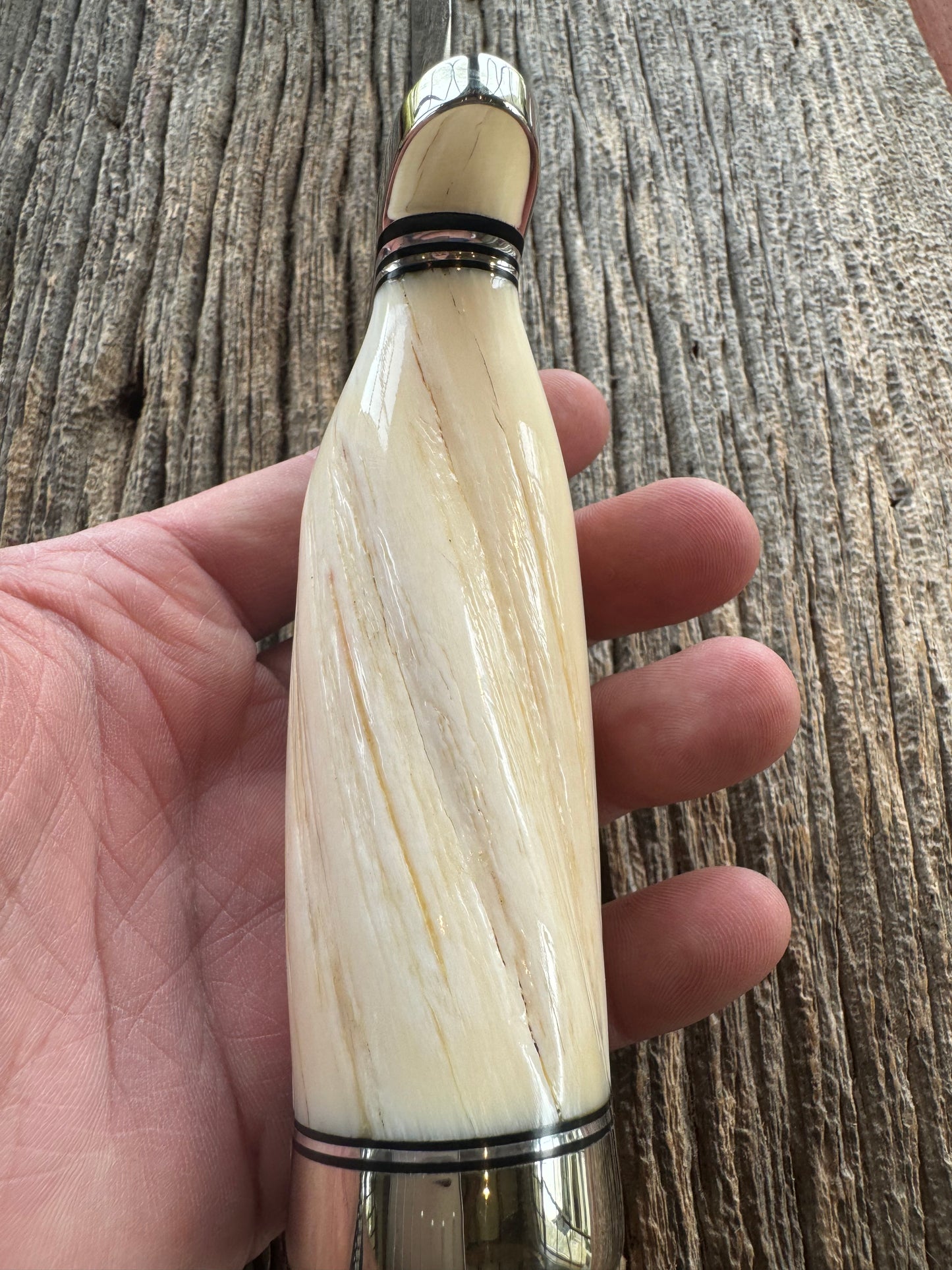 Rare Randall Model Combat Companion in Beautiful Spiraled Narwal, Nickel Silver Hilt and butt cap, black and silver spacers. SS Stunning and rare.