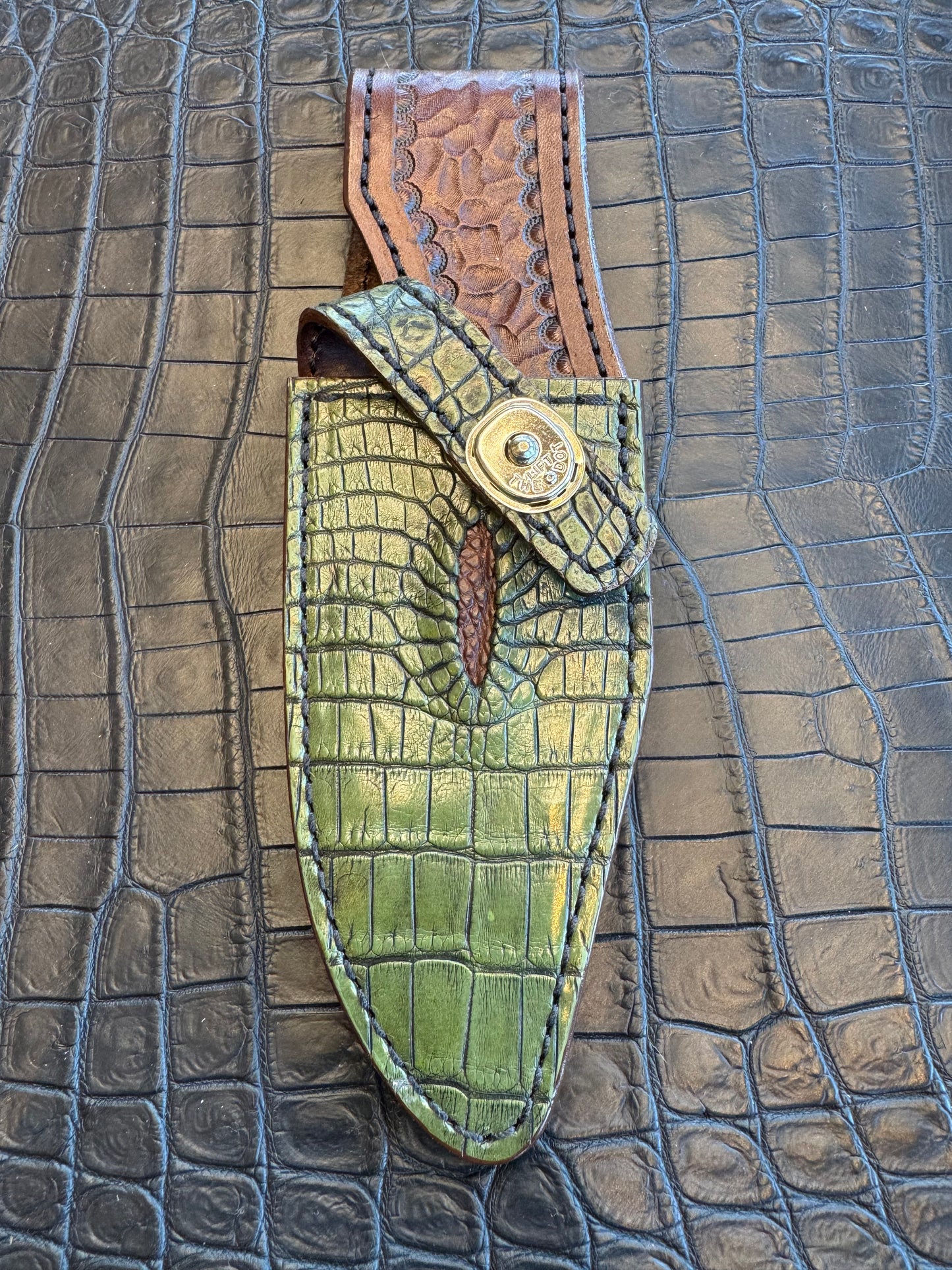 Randall Model 19-5 Exotic Army Green Crocodile Anus Sheath from Treeman.