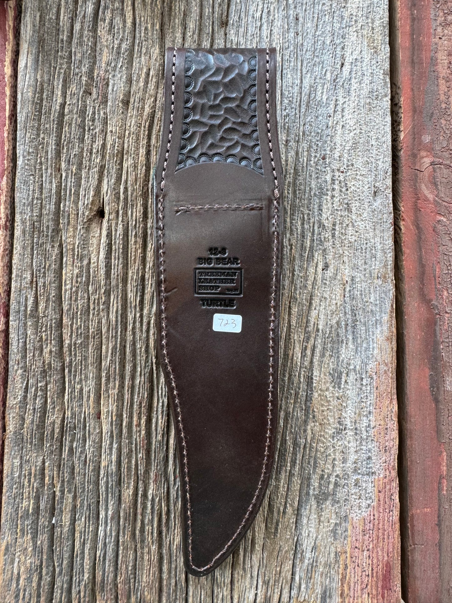 Randall Model 12-8 “Big Bear” Sheath in Exotic Army Green Snapping Turtle by Treeman. Spiked Dragon tail portion of the turtle.
