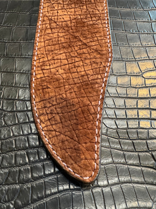 Randall Model 12-9 Bowie Clip Point in Chocolate Hippo, forward curved hilt, Canteen Snap, full brass stamping and stitching.