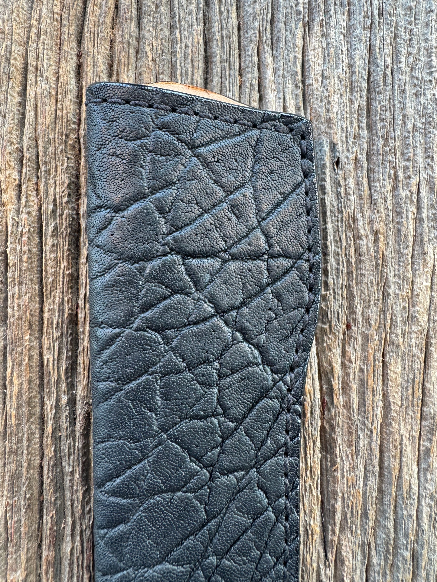Randall Model 26 Sheath in Exotic Grainy Elephant Throat style from Treeman. This is a left hand sheath.