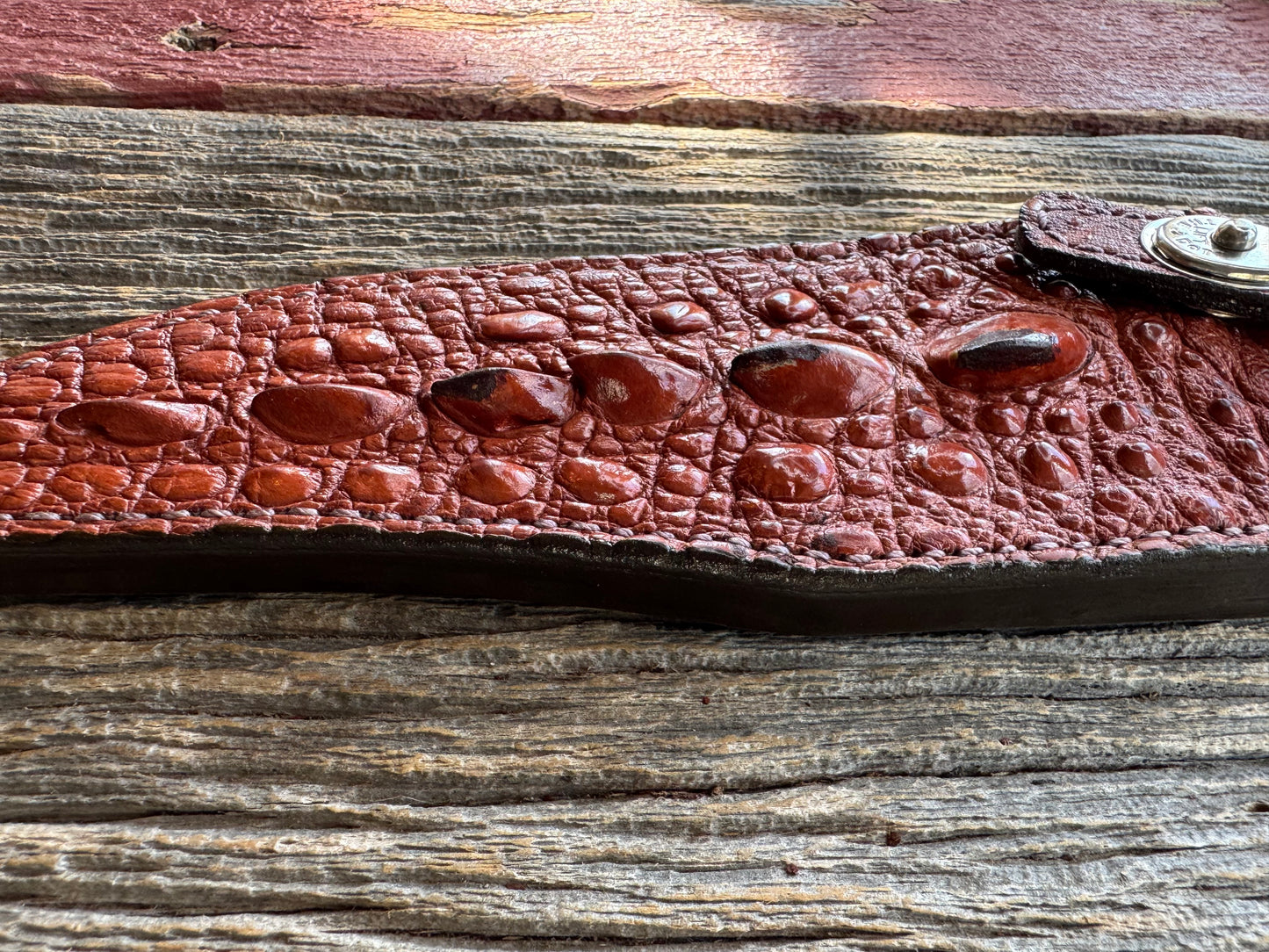 Randall Model 12-8 “Big Bear” Sheath in Exotic Rust Snapping Turtle by Treeman. Spiked Dragon tail portion of the turtle.