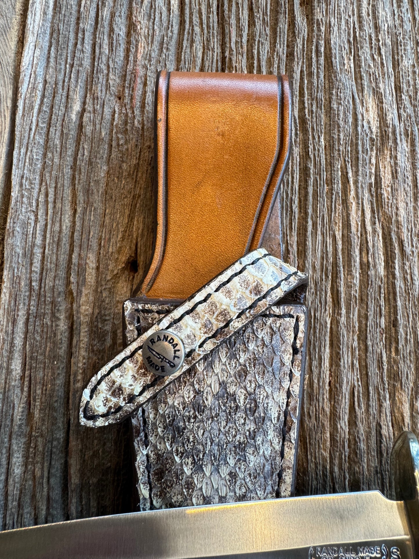 Randall Knife Model 13-6 Small Arkansas Toothpick Artifact. Fossil Walrus in an Ice Ax Handle. Included is a very rare Gutcher Rattlesnake sheath, Stainless Steel.