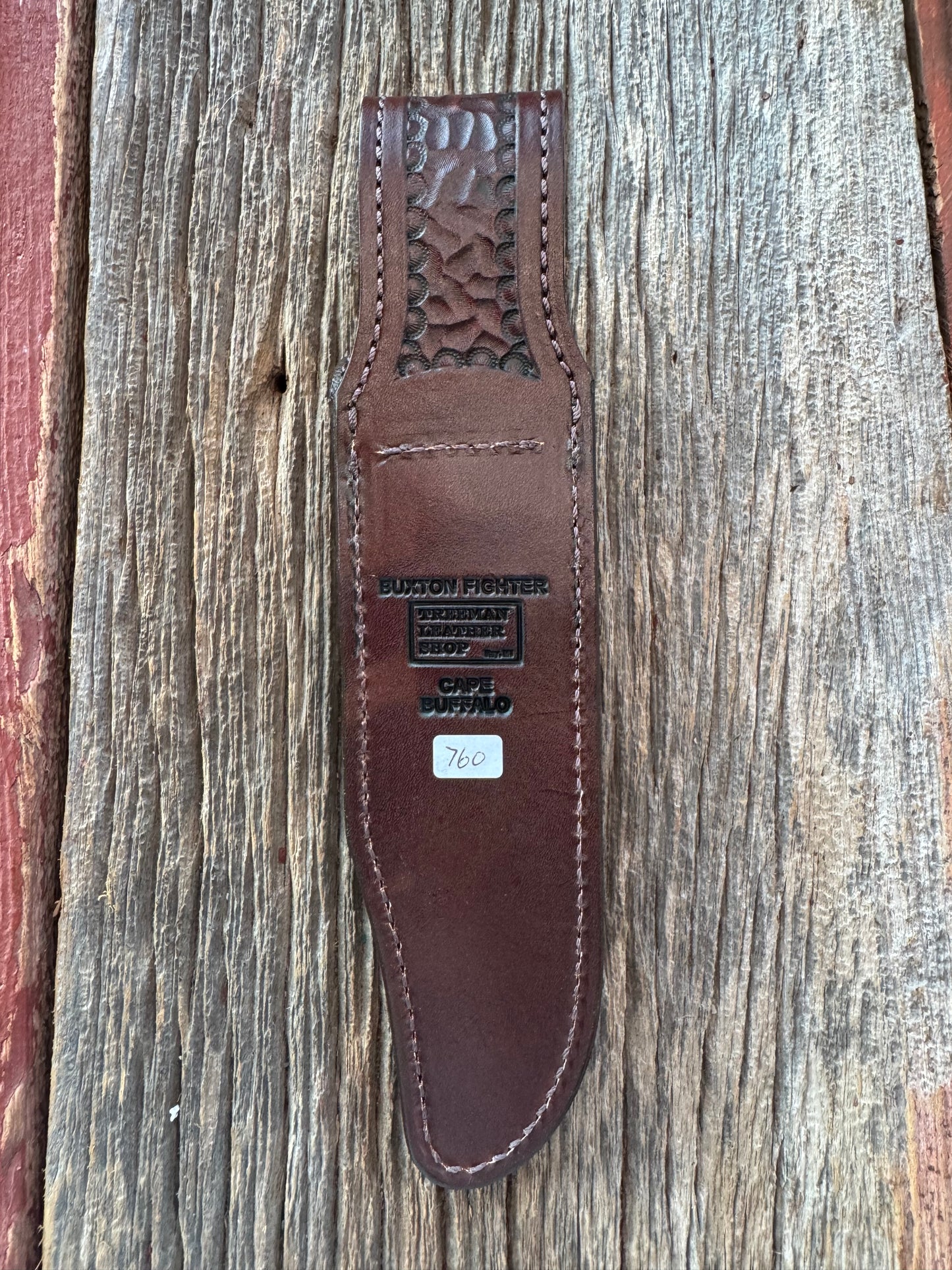 Randall Model Buxton Fighter Sheath in Exotic Cape Buffalo in Dark Brown Leather from Treeman.