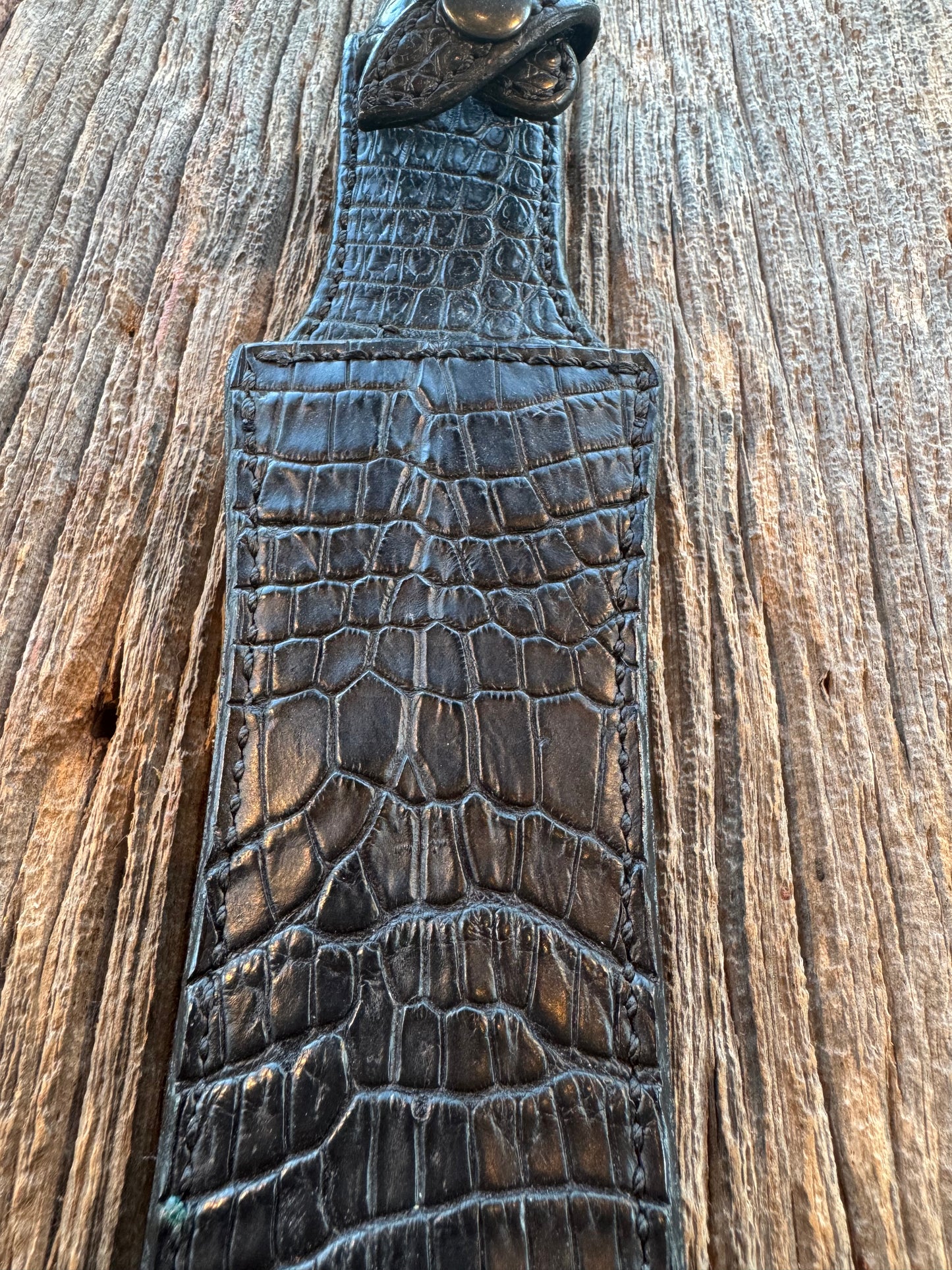 New Randall Model 1-8 or 2-8 Sheath in Exotic Black Natural Croc with full belt loop, back and front and loop in Black Croc( very rare) Custom Made at Sullivan’s by Gutcher.