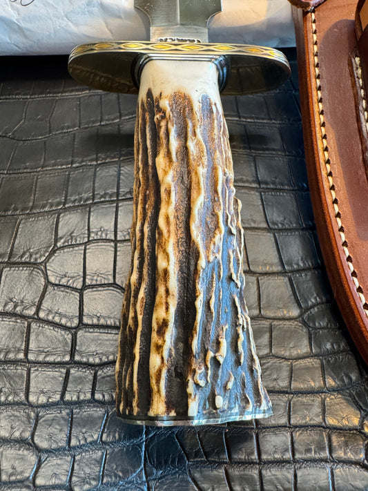 Randall Tom Clinton Dealer Special in a Huge piece of Popcorn Stag. Gold and Silver Engraved, Nickel Silver Hilt and Butt plate.