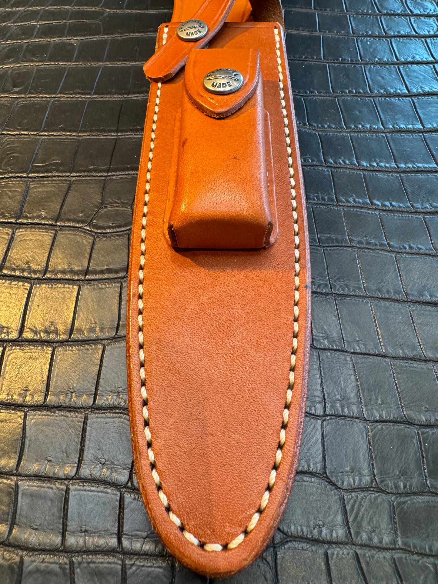 Randall Model 2-7 Sheath (with Stone) in Tan Leather made at Sullivans by Gutcher in Tampa Florida. Official sheath maker for Randall Knives.