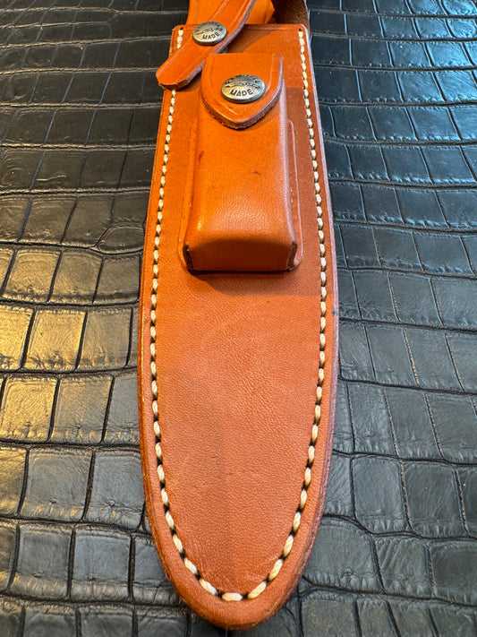 Randall Model 2-7 Sheath (with Stone) in Tan Leather made at Sullivans by Gutcher in Tampa Florida. Official sheath maker for Randall Knives.