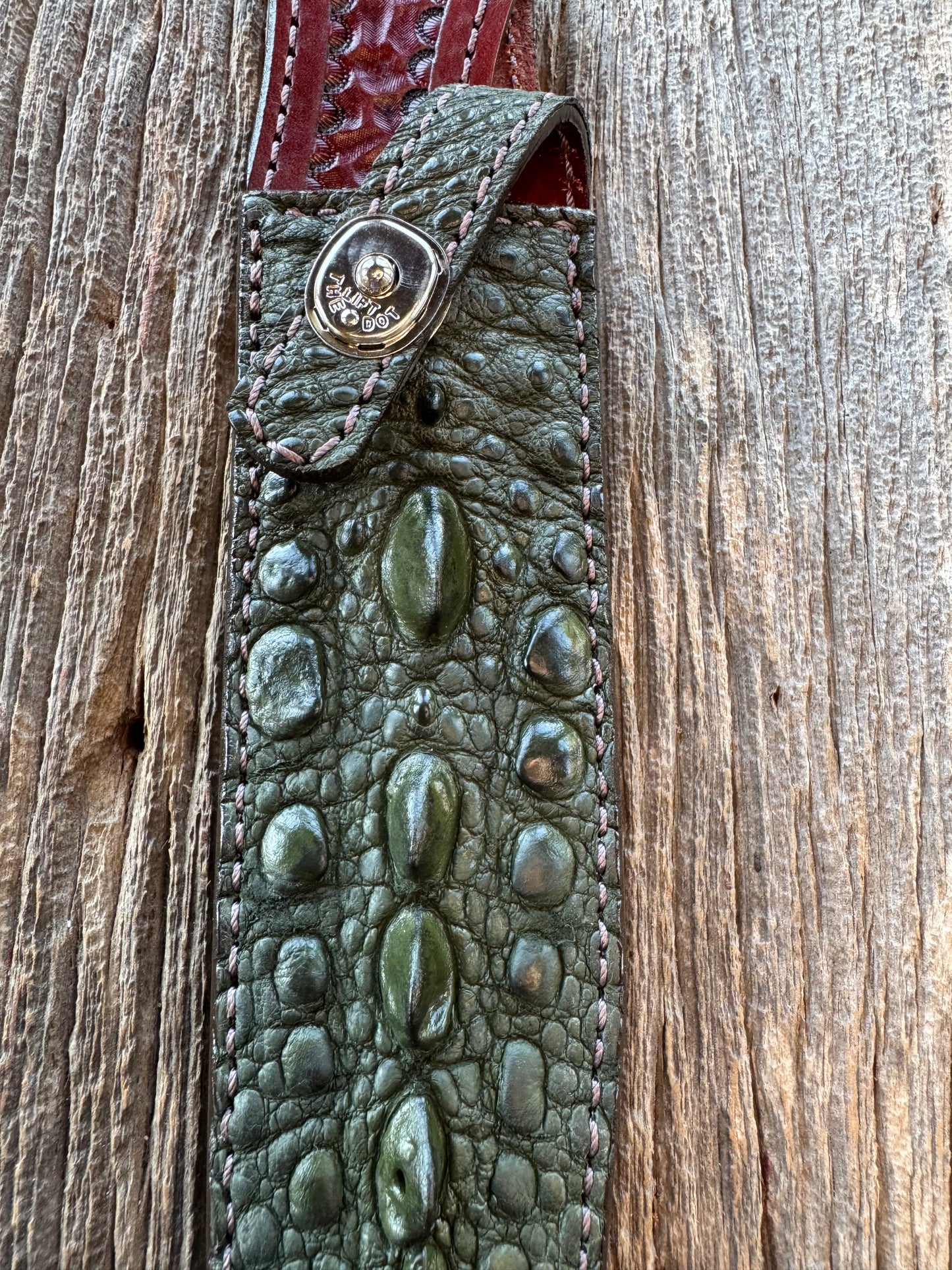 Randall Model 1-8 Grind Sheath in Exotic Green Snapping Turtle by Treeman. Spiked Dragon tail portion of the turtle.