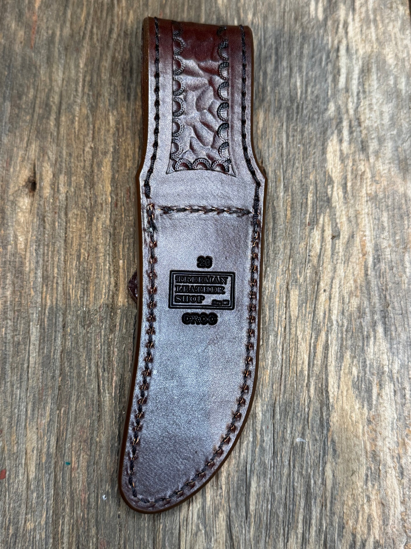 Randall Model 20 Sheath in Exotic Brown Sueded Crocodile from Treeman.