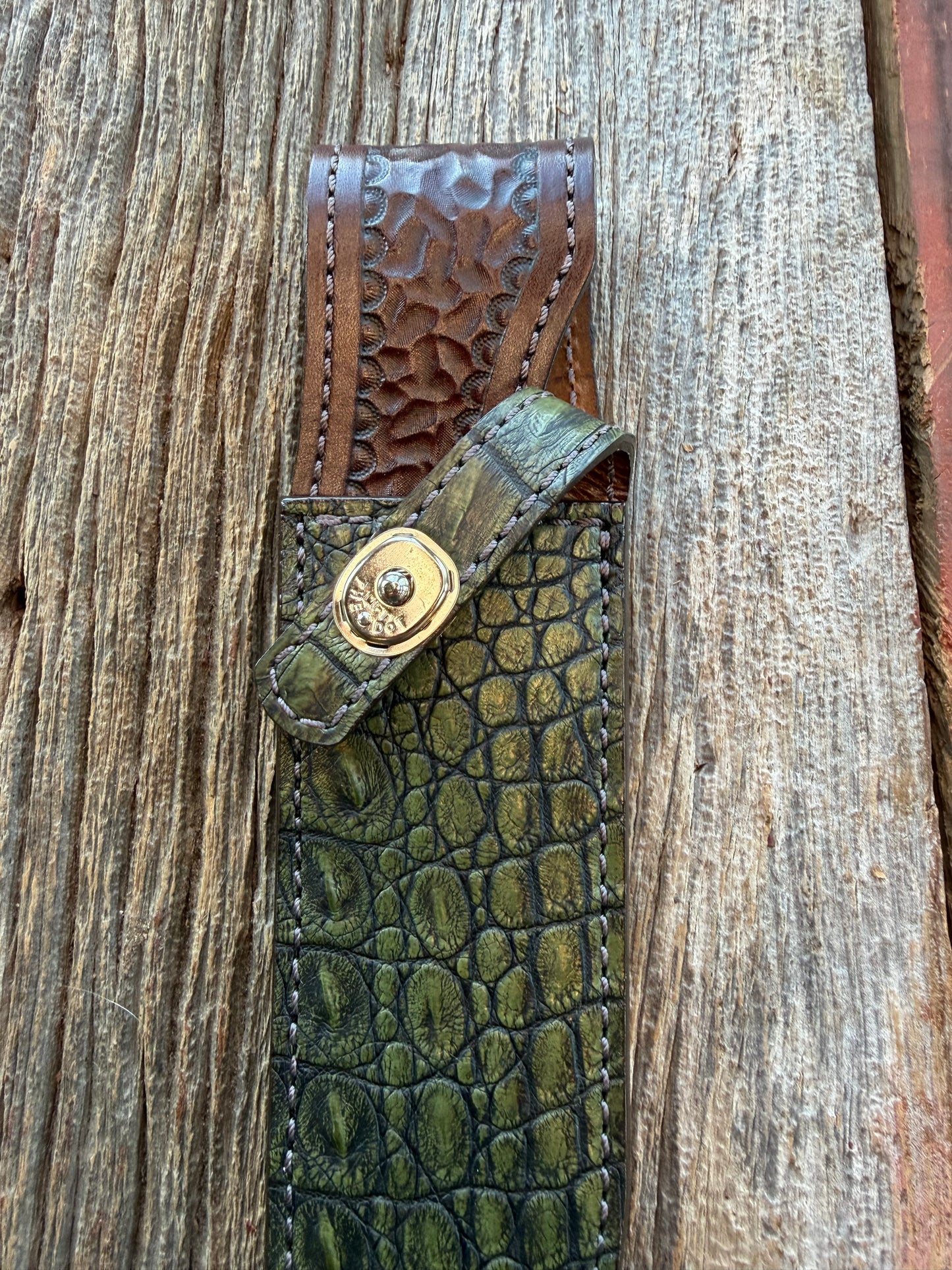 New Randall Model 14 Sheath in Exotic Army Green Crocodile from Treeman.