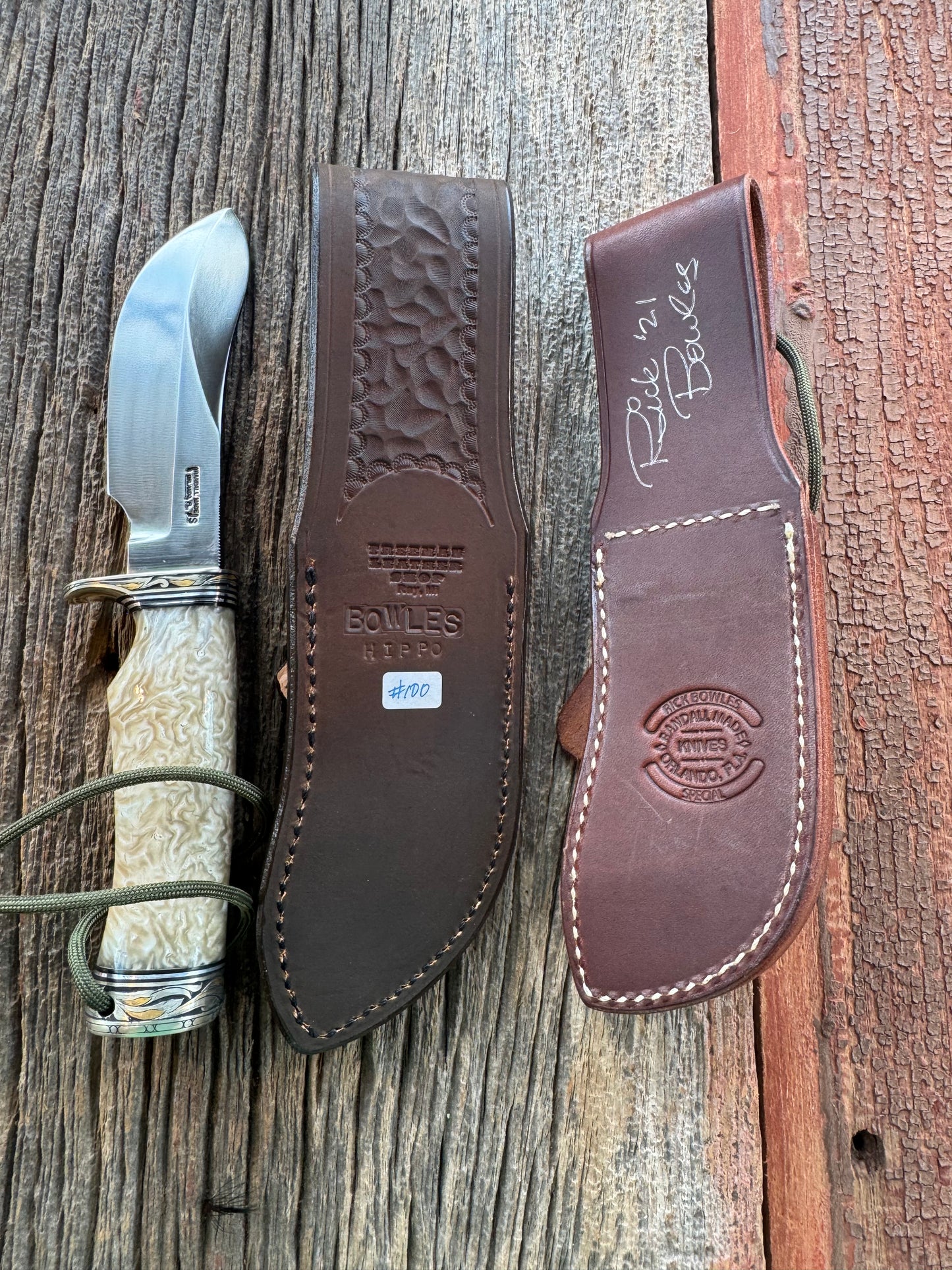 Randall Model Bowles Skinner Dealer Special Knife, perfect Musk Ox. This knife is a one of 4 per Rick Bowles. Beautifully engraved by Jere Davidson and adorned with gold and silver inlays.