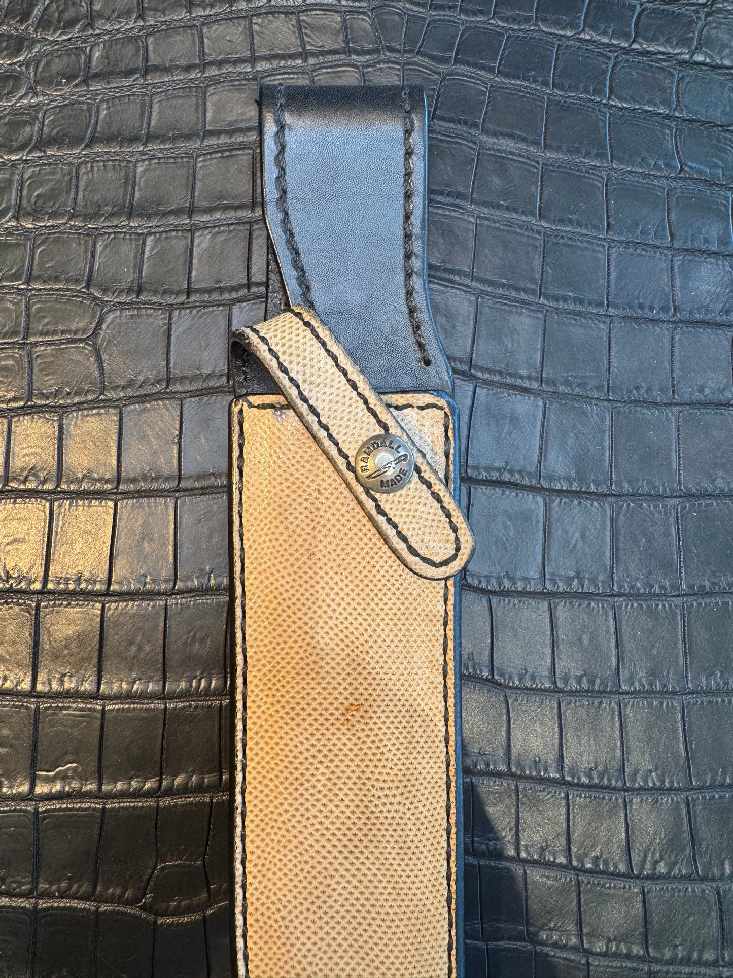 Randall Model 1-7 or 2-7 Sheath in Exotic Snake Skin Custom Made at Sullivan’s by Gutcher.