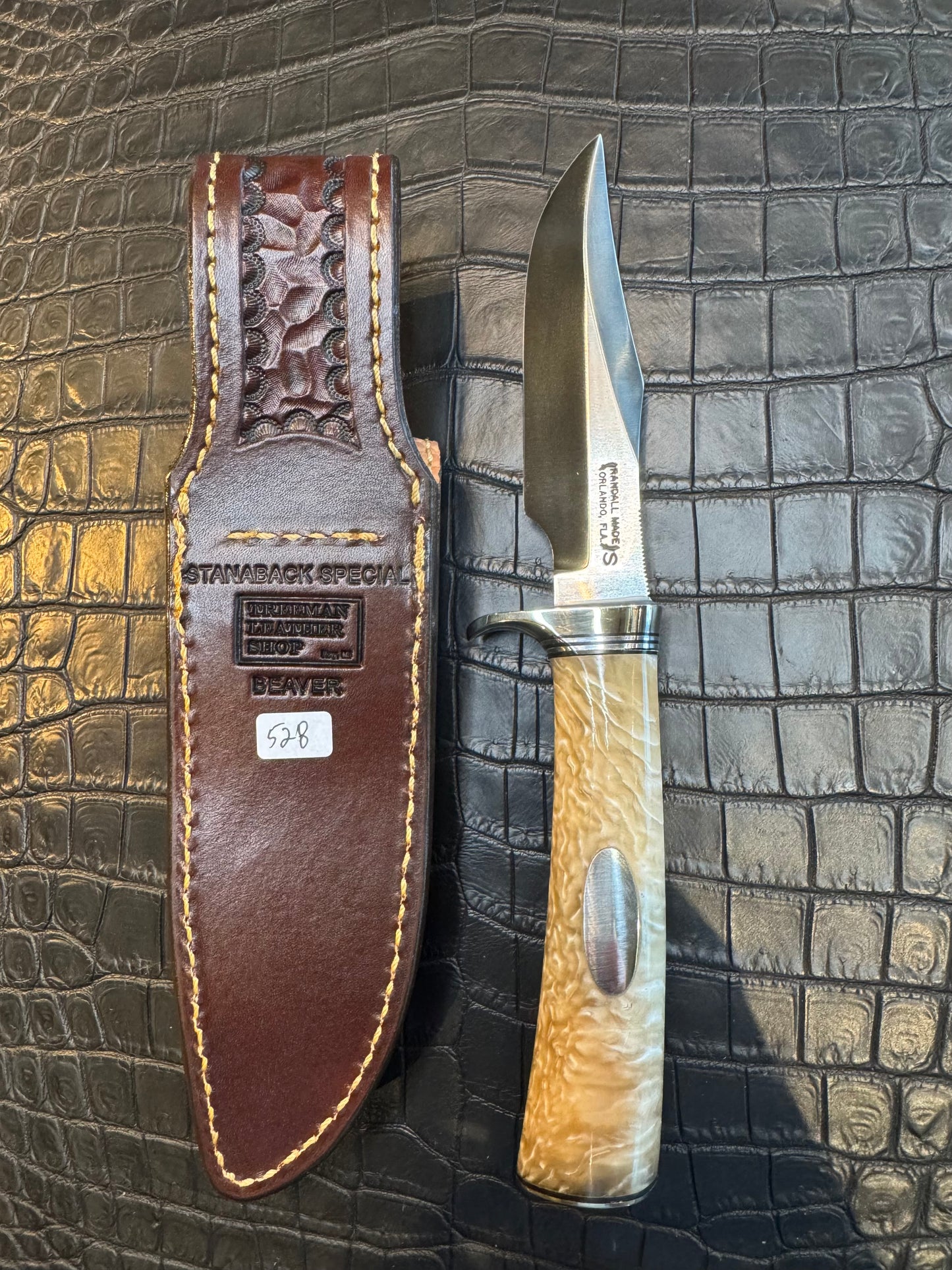 Randall Model Stanaback Special Sheath Straight Hilt and Sharpening Rod in Exotic Beaver Tail by Treeman. (Sheath only)