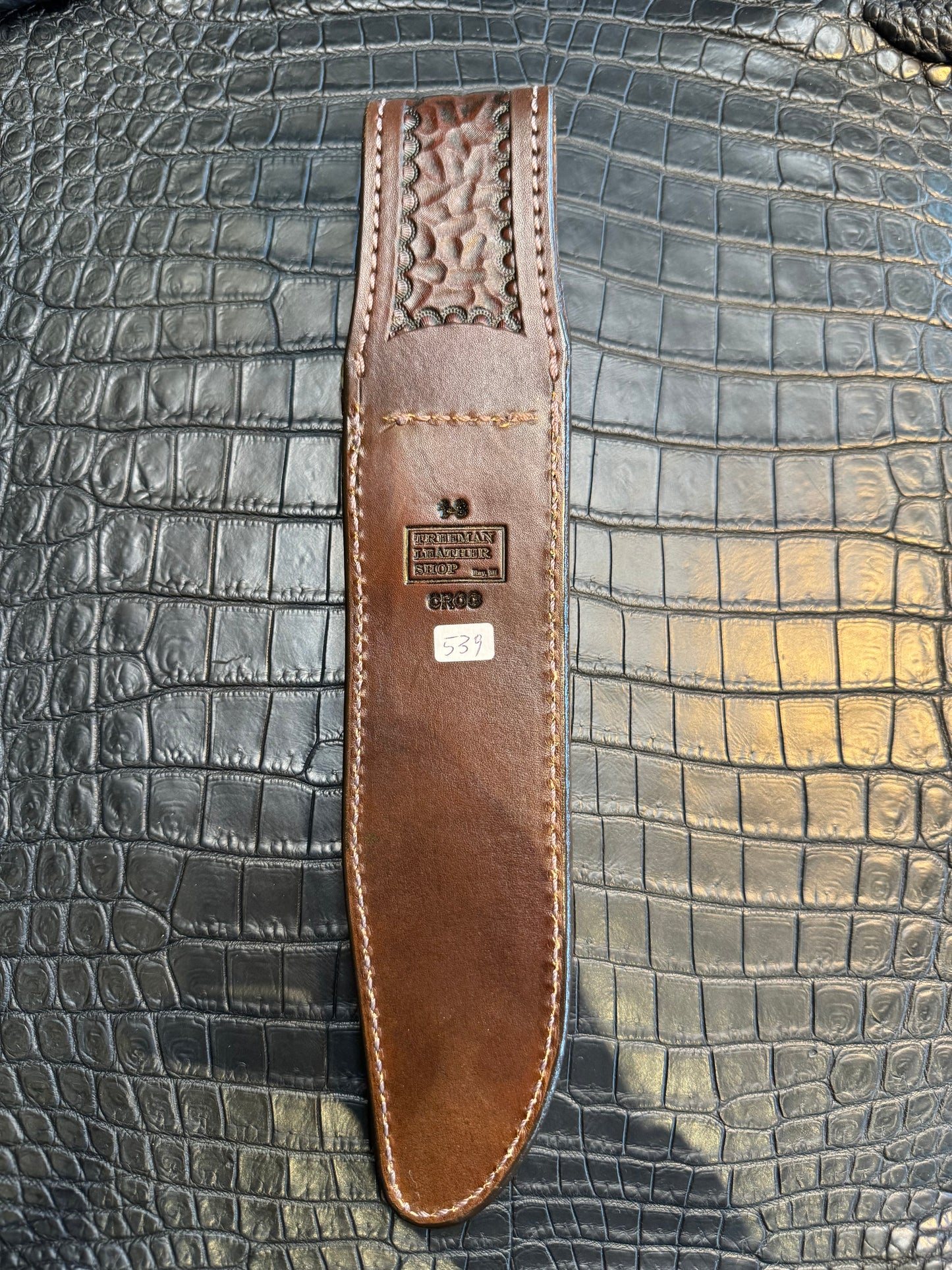 Randall Model 1-8 in Army Green Crocodile. Straight hilt, Canteen Snap, full brass stamping and stitching.