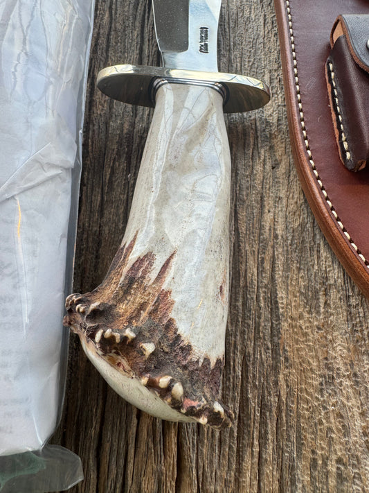 Randall Model 12-8 Big Bear in a gorgeous piece of Polished Crown Stag. Nickel Silver Hilt and a natural exposed end. Stainless,