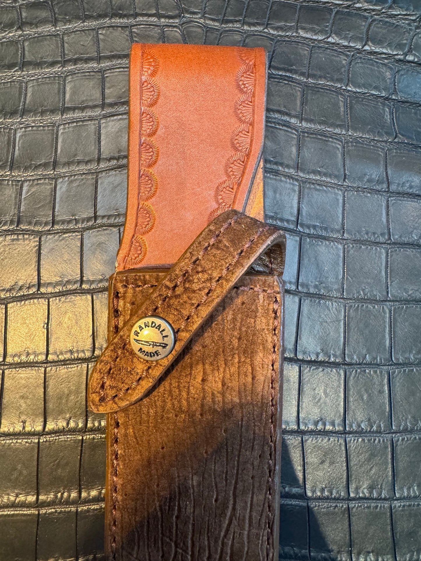 New Randall Model 2-8C Sheath in Exotic Chocolate Hippo Custom Made at Sullivan’s by Gutcher.