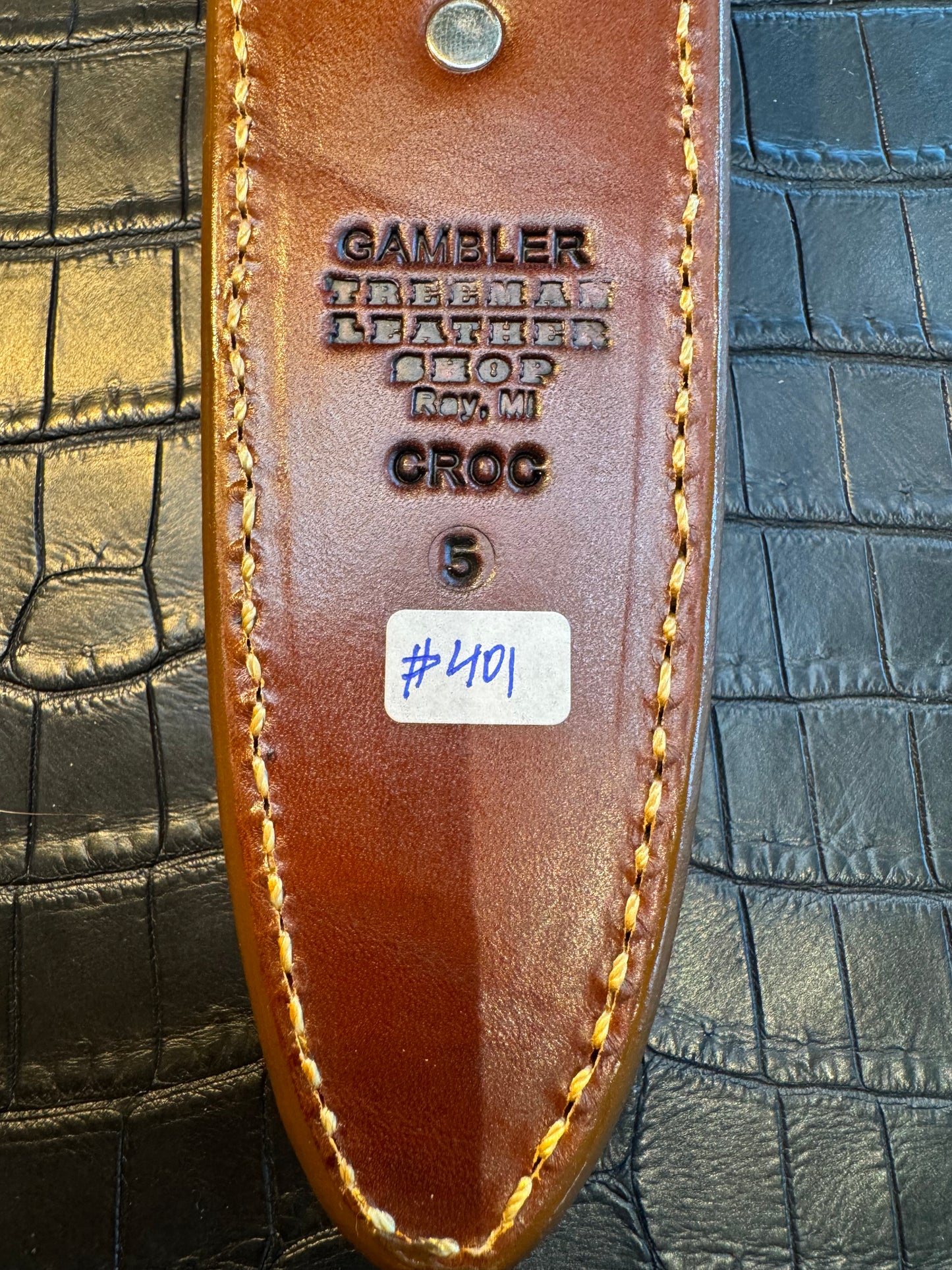 Randall Model “Gambler” 5 Inch Sheath in Exotic Honey Tan Hornback Crocodile by Treeman. (Sheath only)