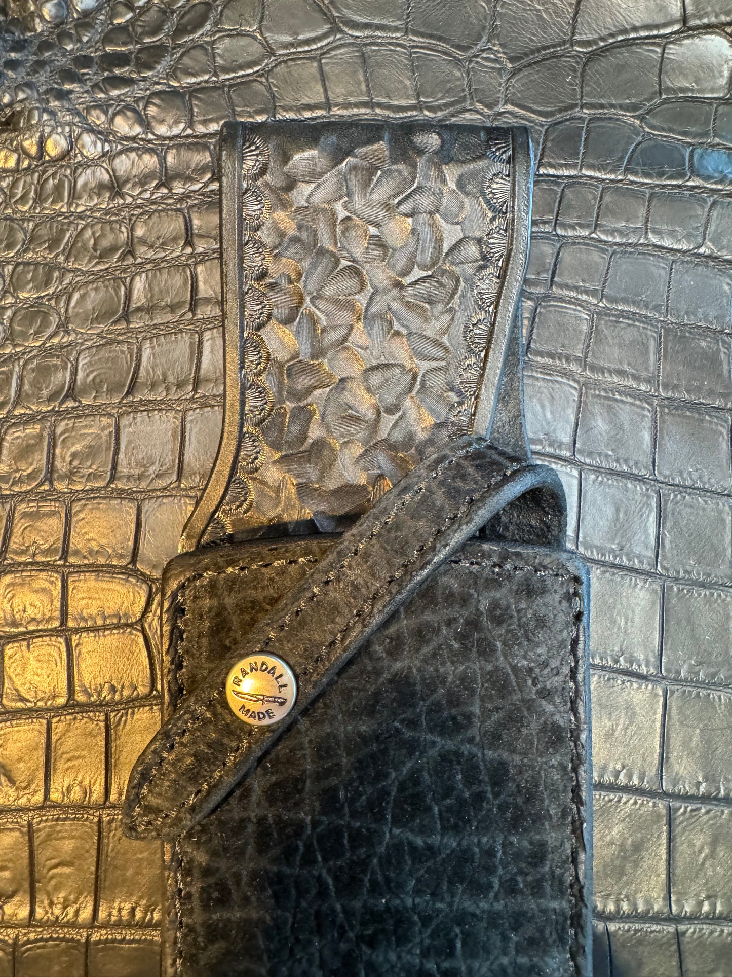 New Randall Model 12-11 Smithsonian “Smitty” Sheath in Exotic Black Hippo ( very rare) Custom Made at Sullivan’s by Gutcher.