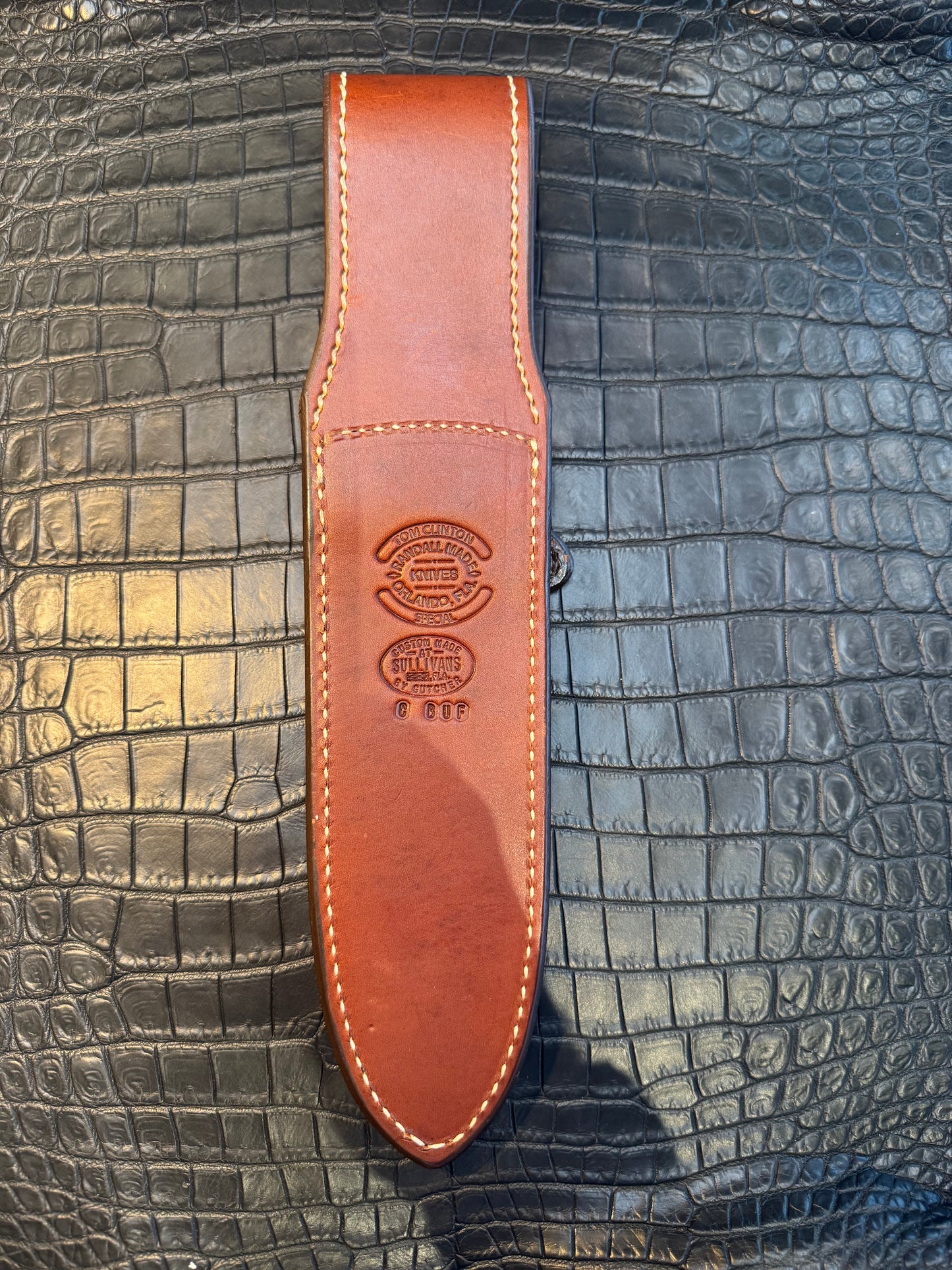 New Randall Model Clinton Special Sheath in Exotic Cape Buffalo Custom Made at Sullivan’s by Gutcher.