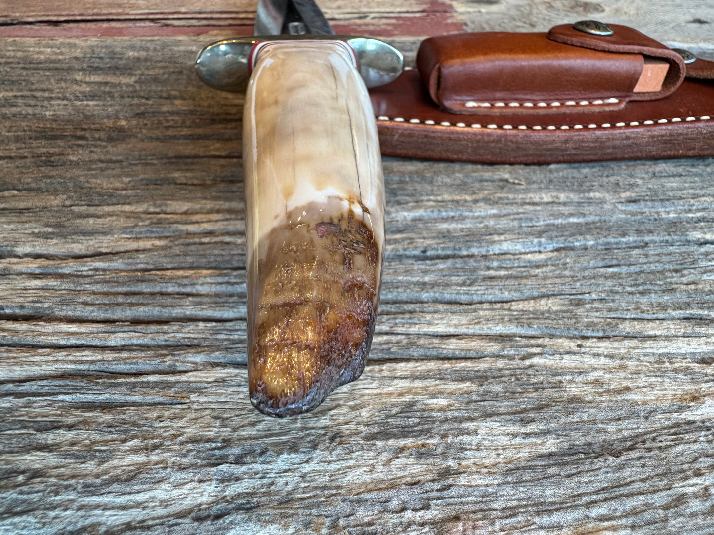 Randall Knife Model 2-6. Artifact Fossil Walrus in an Ice Ax Handle. Purchased from Rick Bowles, Stainless Steel.