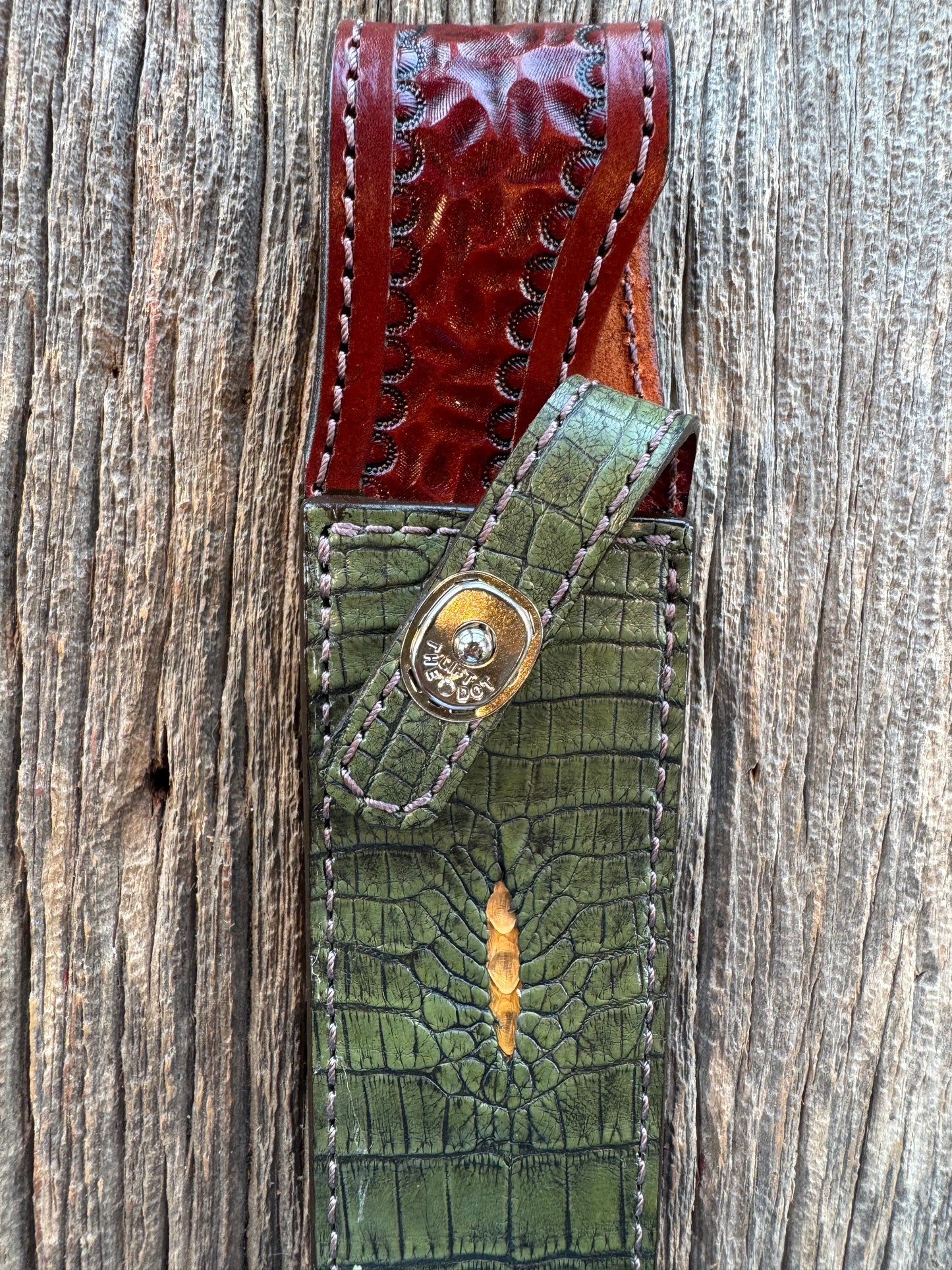 Randall Model 2-8 Sheath in Exotic Army Green Crocodile Anus from Treeman.