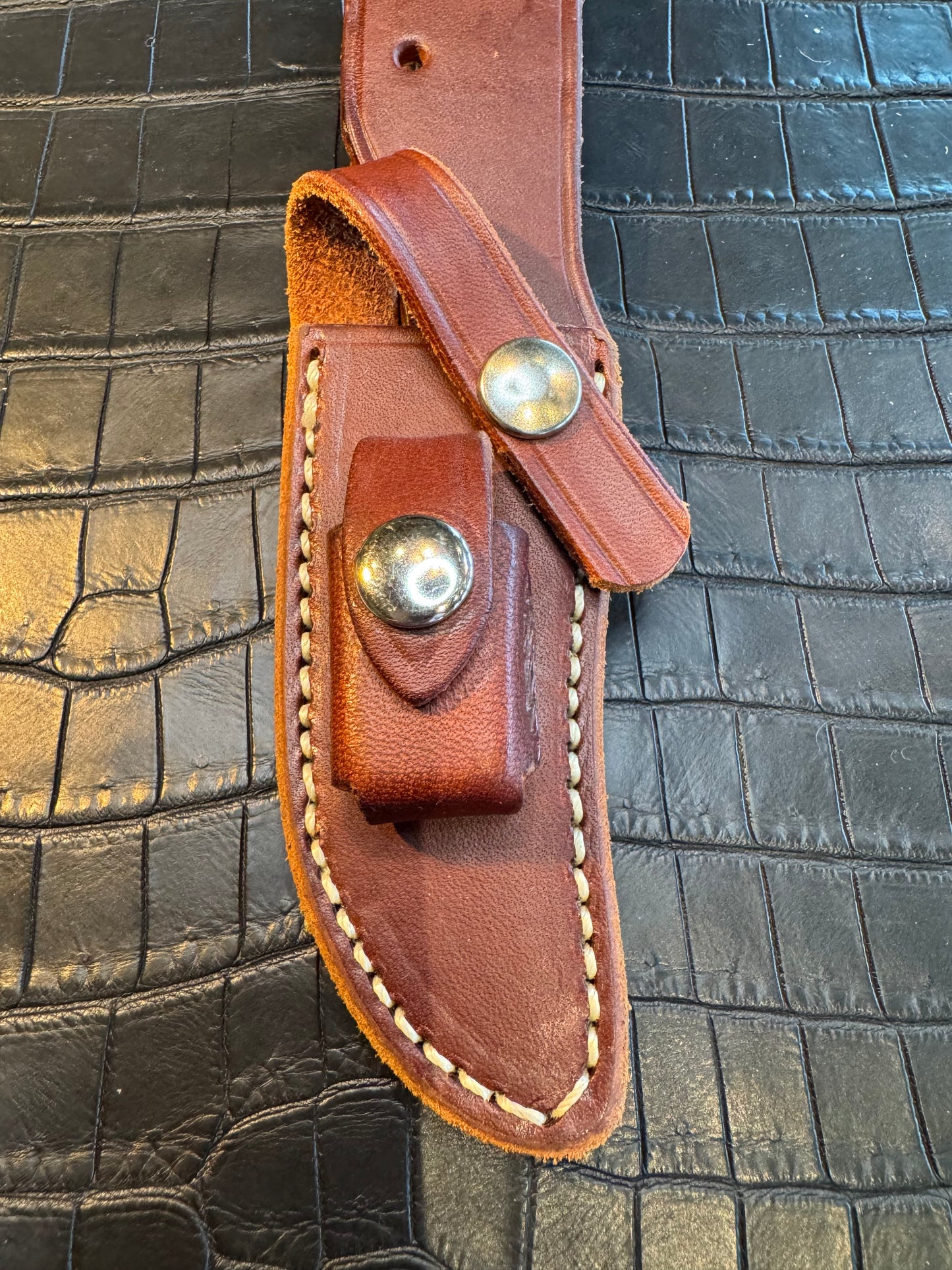 Randall Model 27 Mini (second) Sheath in Tan Leather made at Sullivans by Gutcher in Tampa Florida. Official sheath maker for Randall Knives.