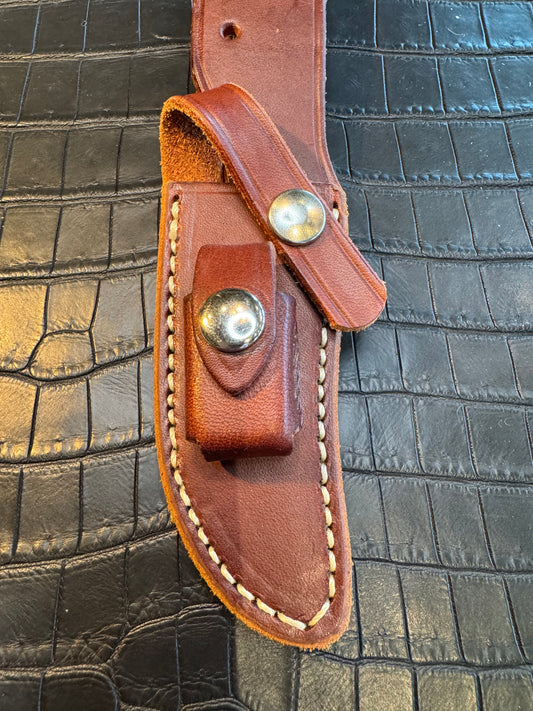 Randall Model 27 Mini (second) Sheath in Tan Leather made at Sullivans by Gutcher in Tampa Florida. Official sheath maker for Randall Knives.