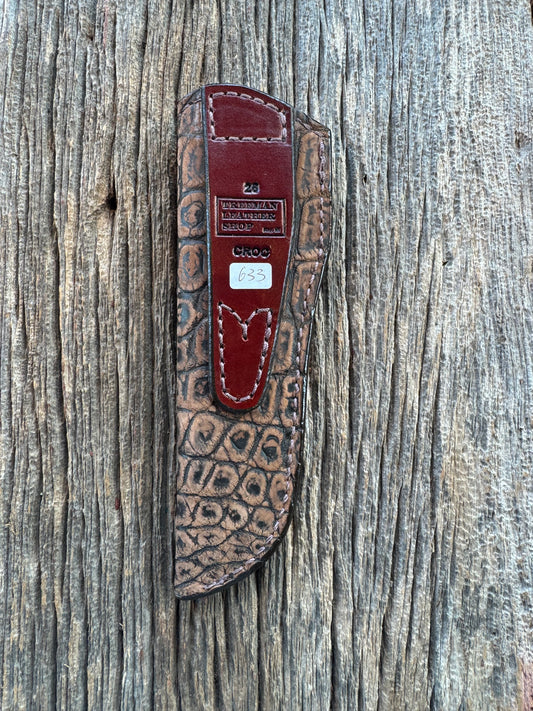 Randall Model 26 Sheath in Exotic Brown Sueded Crocodile Throat style from Treeman.