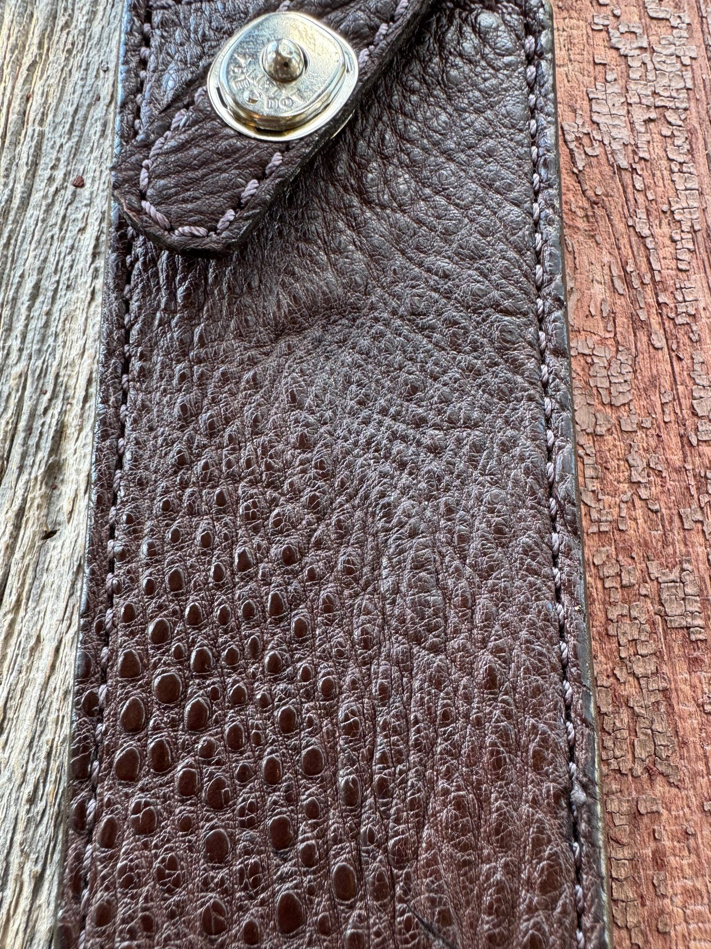 Randall Model 12-9/14 Grind Sheath in Exotic Dark Brown Snapping Turtle by Treeman. Supple tanned leather from the hind quarter.