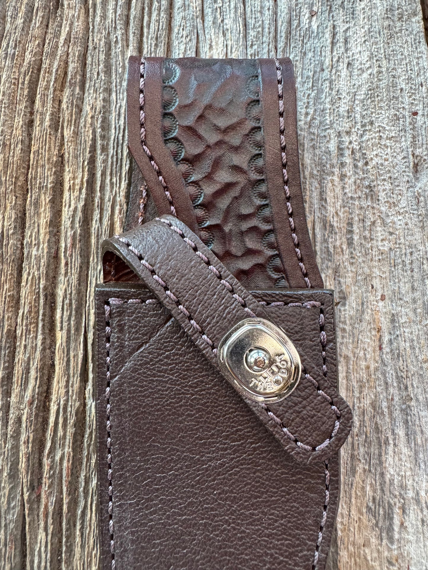 Randall Model 19-5 Exotic Cape Buffalo Sheath in dark brown leather from Treeman.